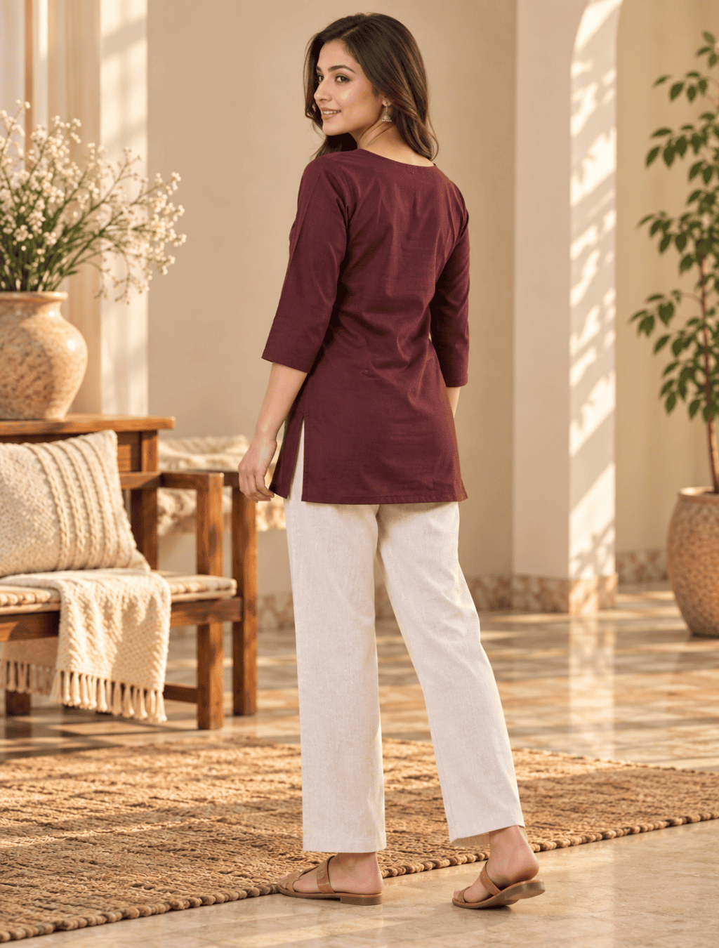 Burgundy Krishna Flute Embroidered Pure Cotton Short Top