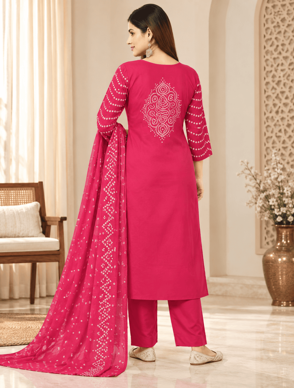 Vibrant Pink Bandhani Print 3 Piece Kurti Set