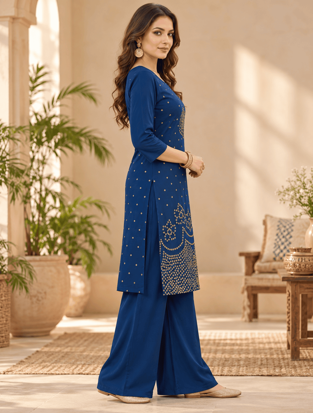 Indigo Blue Gold Print Rayon 2 Piece Kurti Set