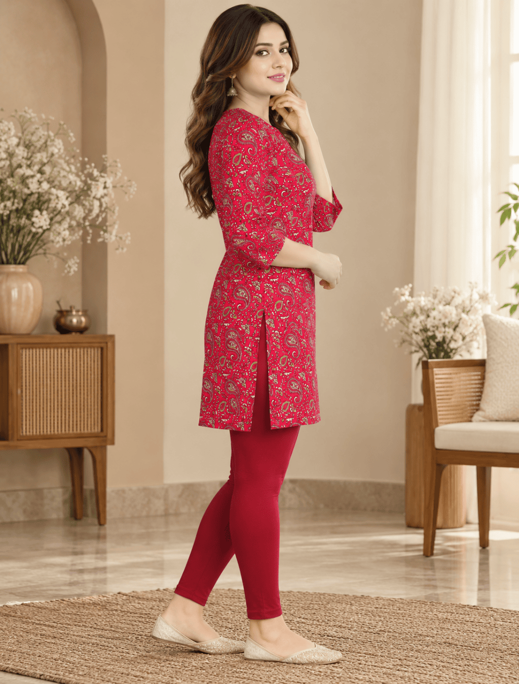 Crimson Paisley Print Pure Cotton Short Kurti