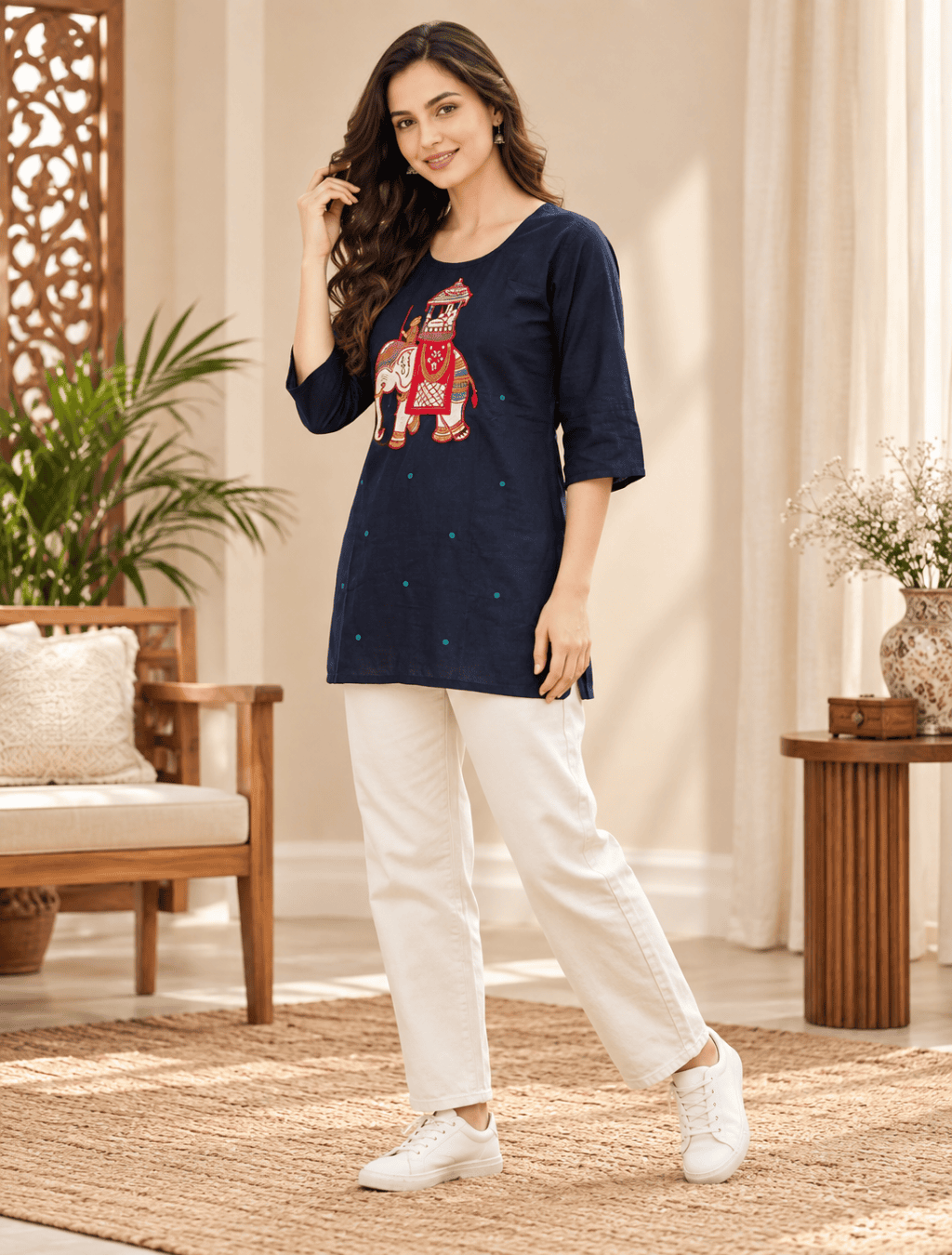 Navy Blue Elephant Embroidered Short Kurti