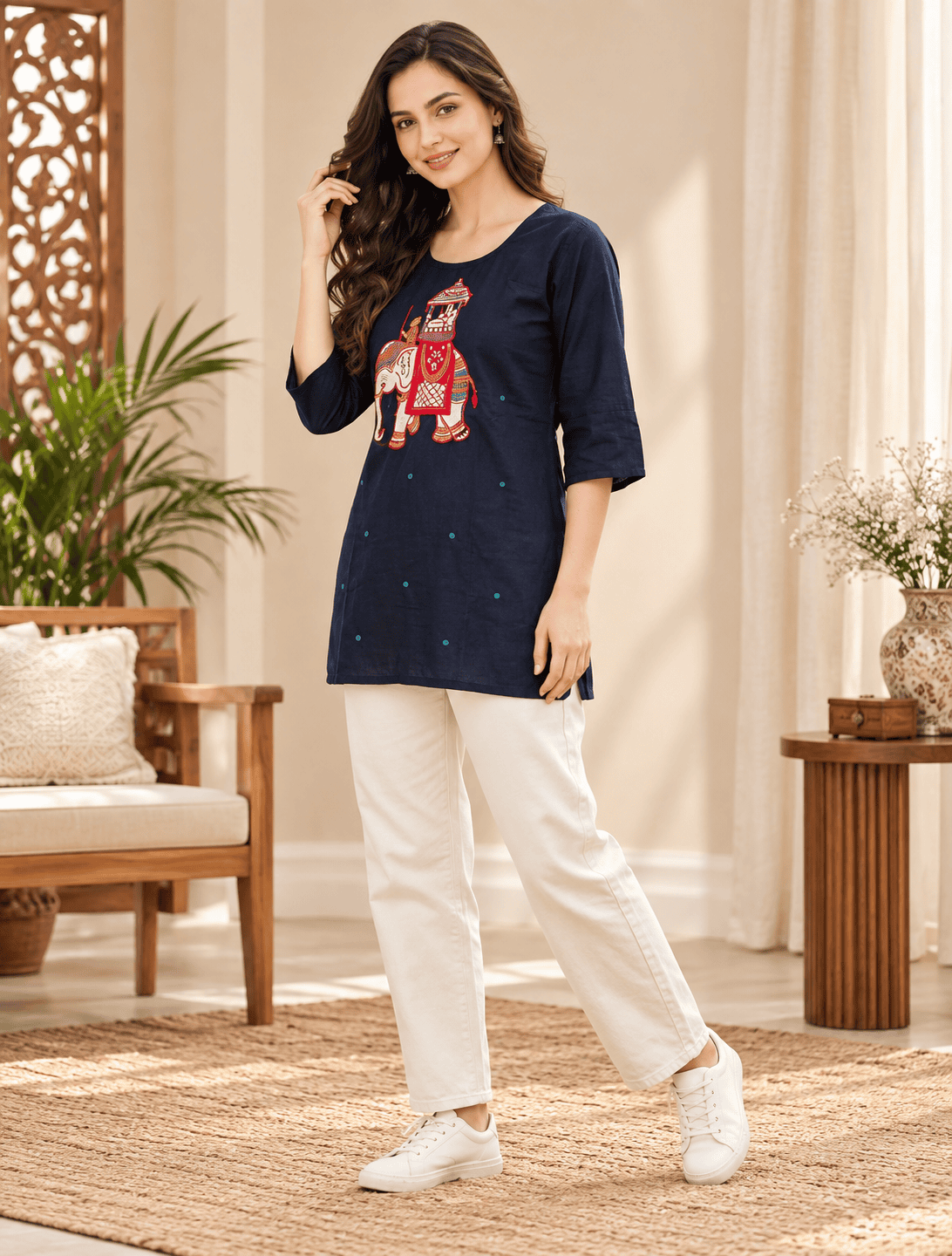 Navy Blue Elephant Embroidered Short Kurti