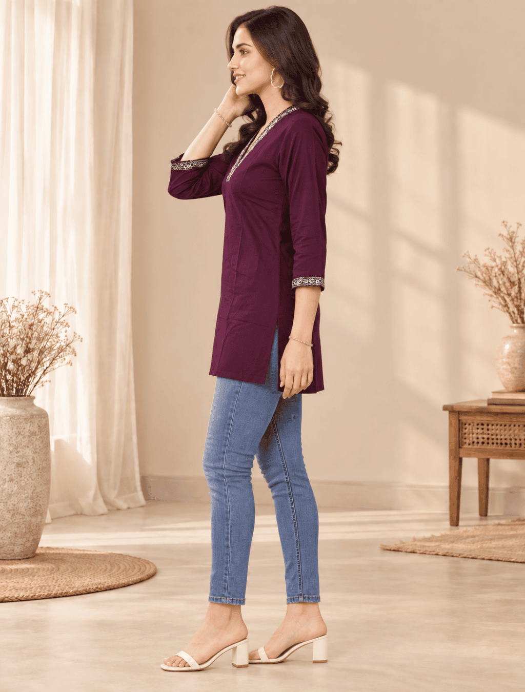 Plum Purple Embroidered V-Neck Cotton Kurti