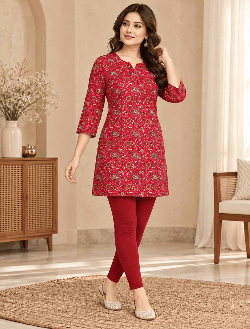 Crimson Paisley Print Pure Cotton Short Kurti