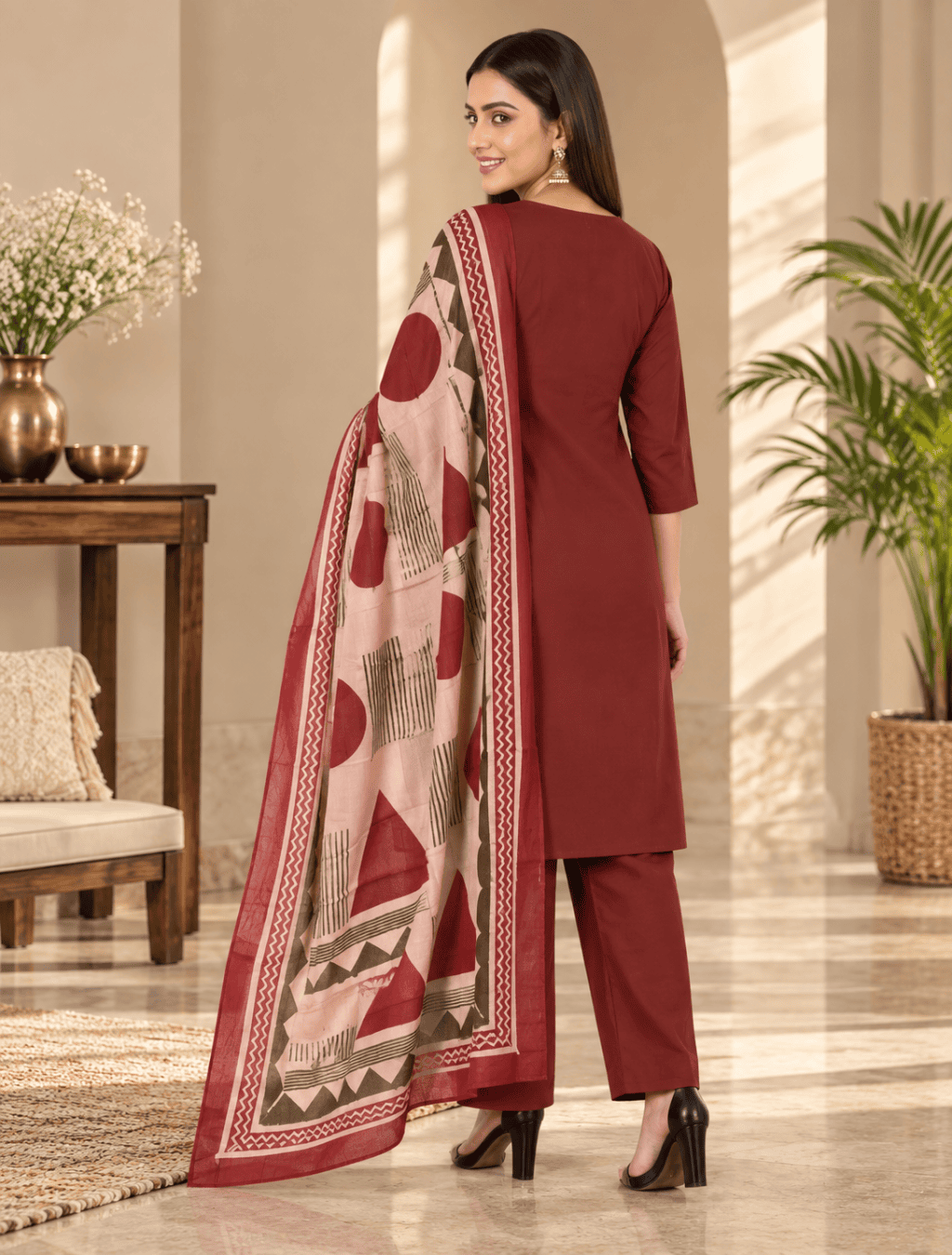 Maroon Embroidered 3 Piece Cotton Kurti Set