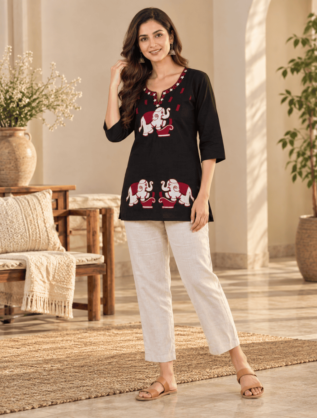 Black & Beige Elephant Motif Pure Cotton 2 Piece Set