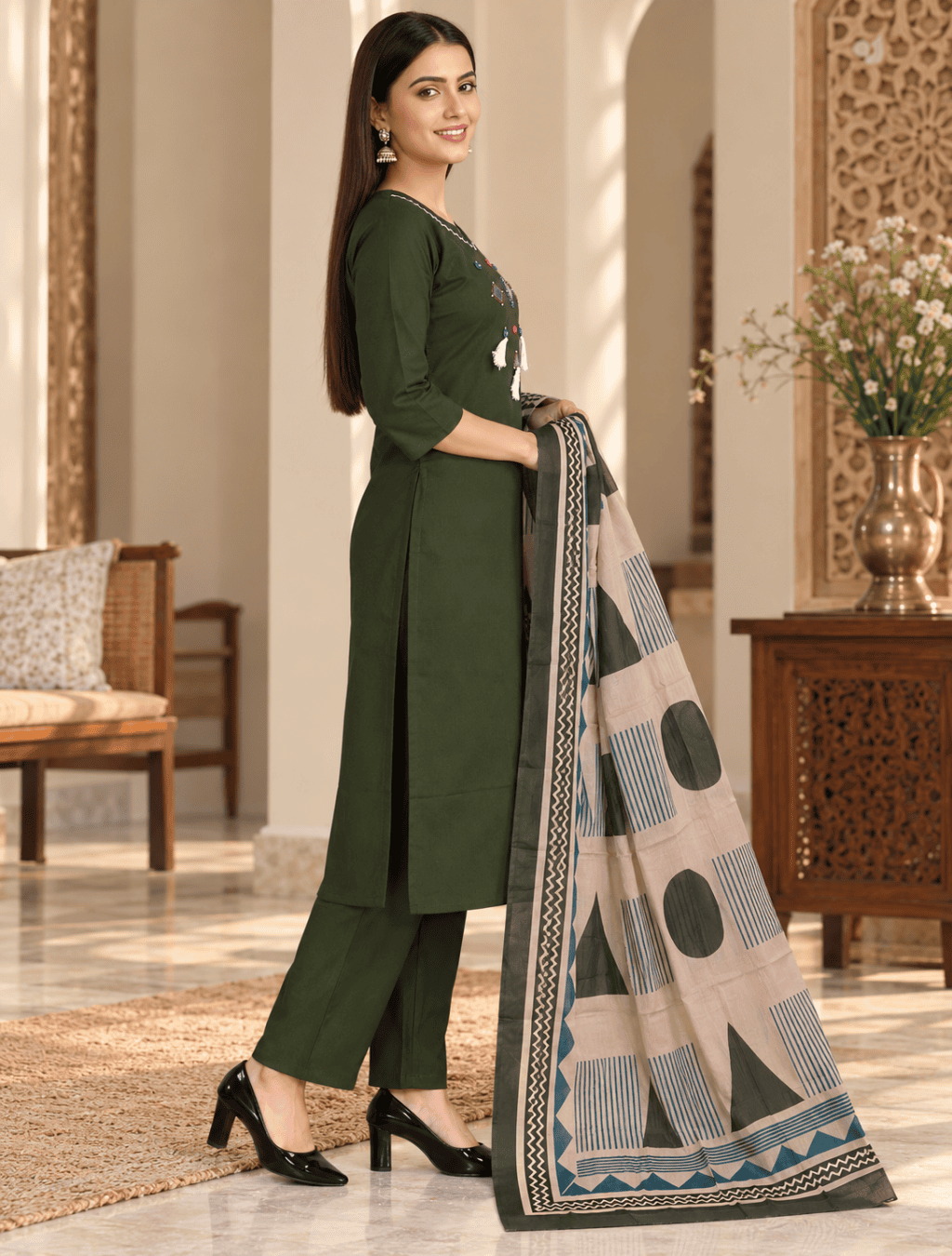 Olive Green Embroidered Cotton 3 Piece Suit Set with Printed Dupatta