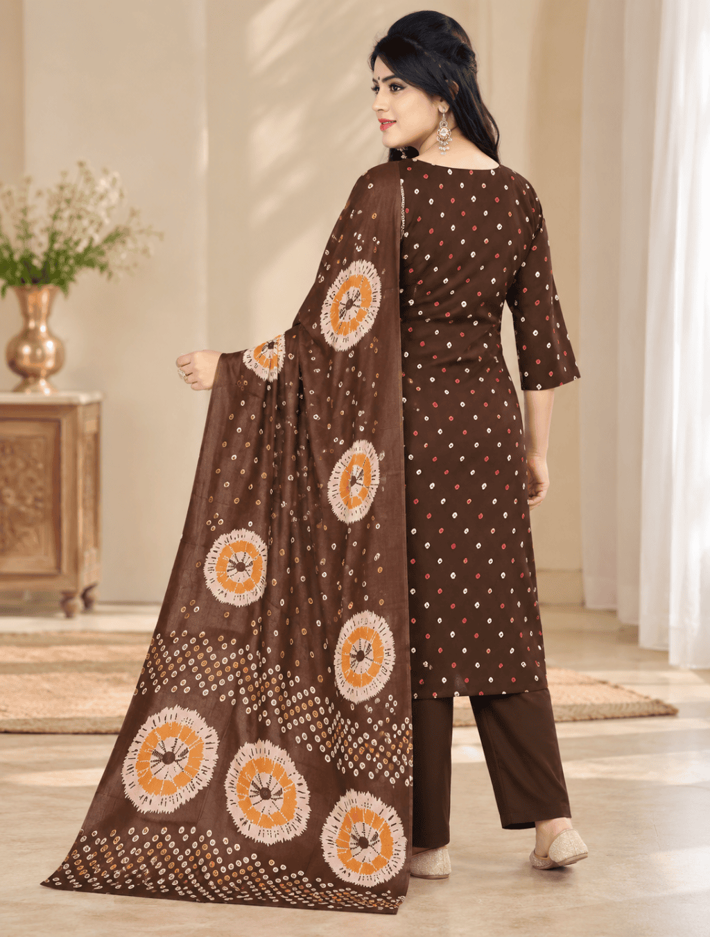 Chocolate Brown Bandhani Print 3 Piece Cotton Suit Set