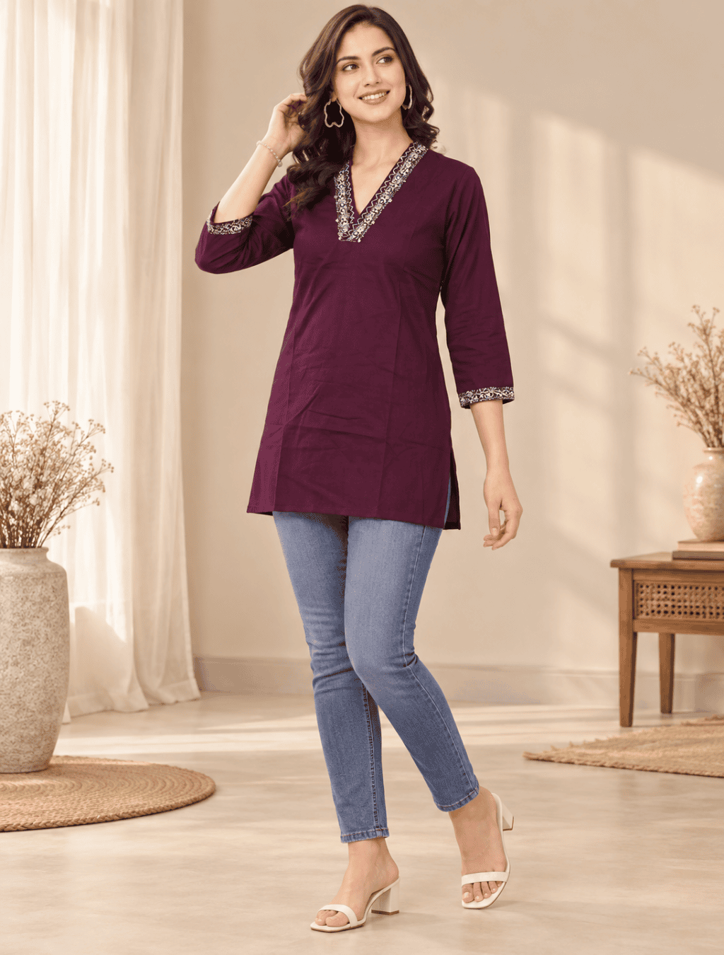 Plum Purple Embroidered V-Neck Cotton Kurti
