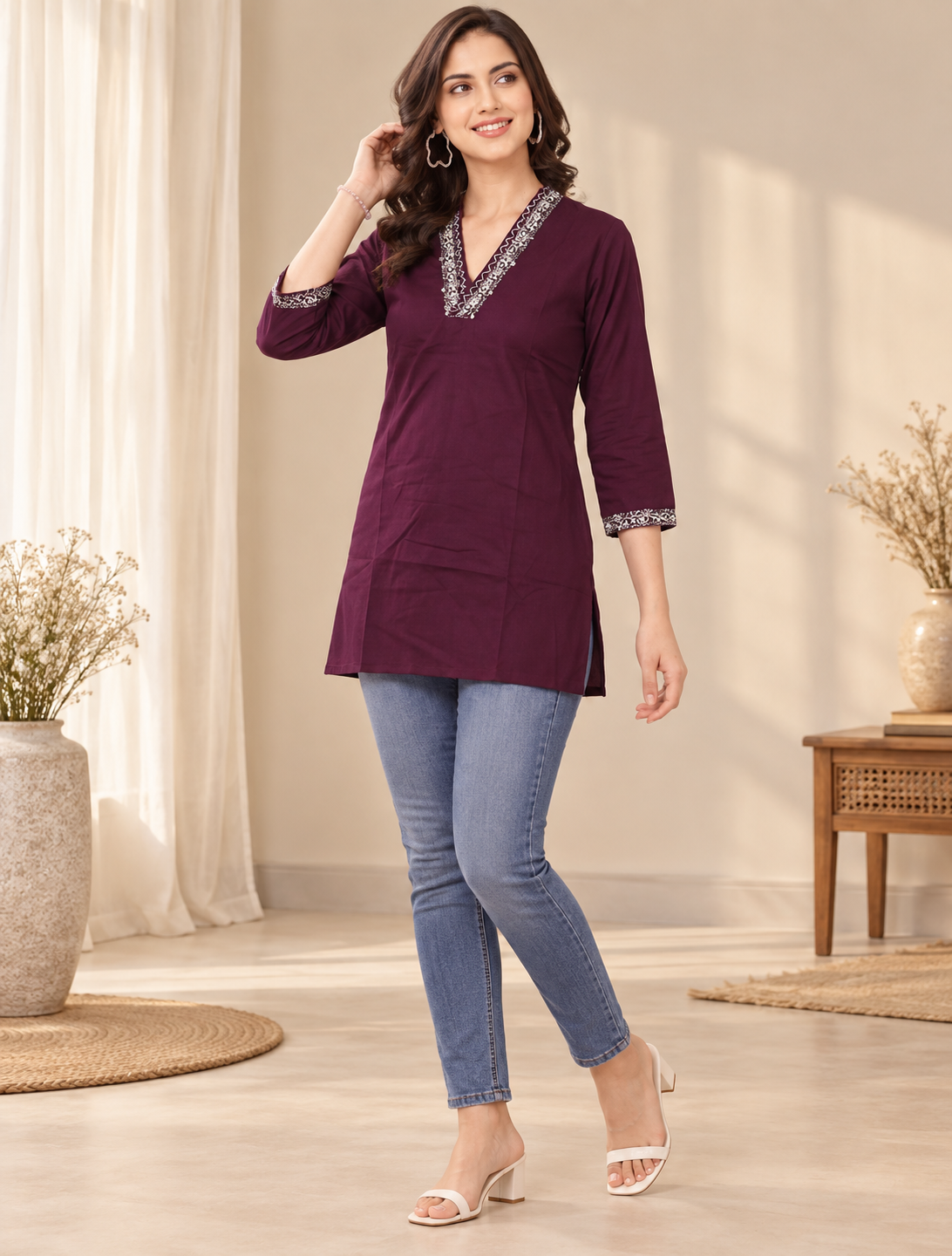 Plum Purple Embroidered V-Neck Cotton Kurti