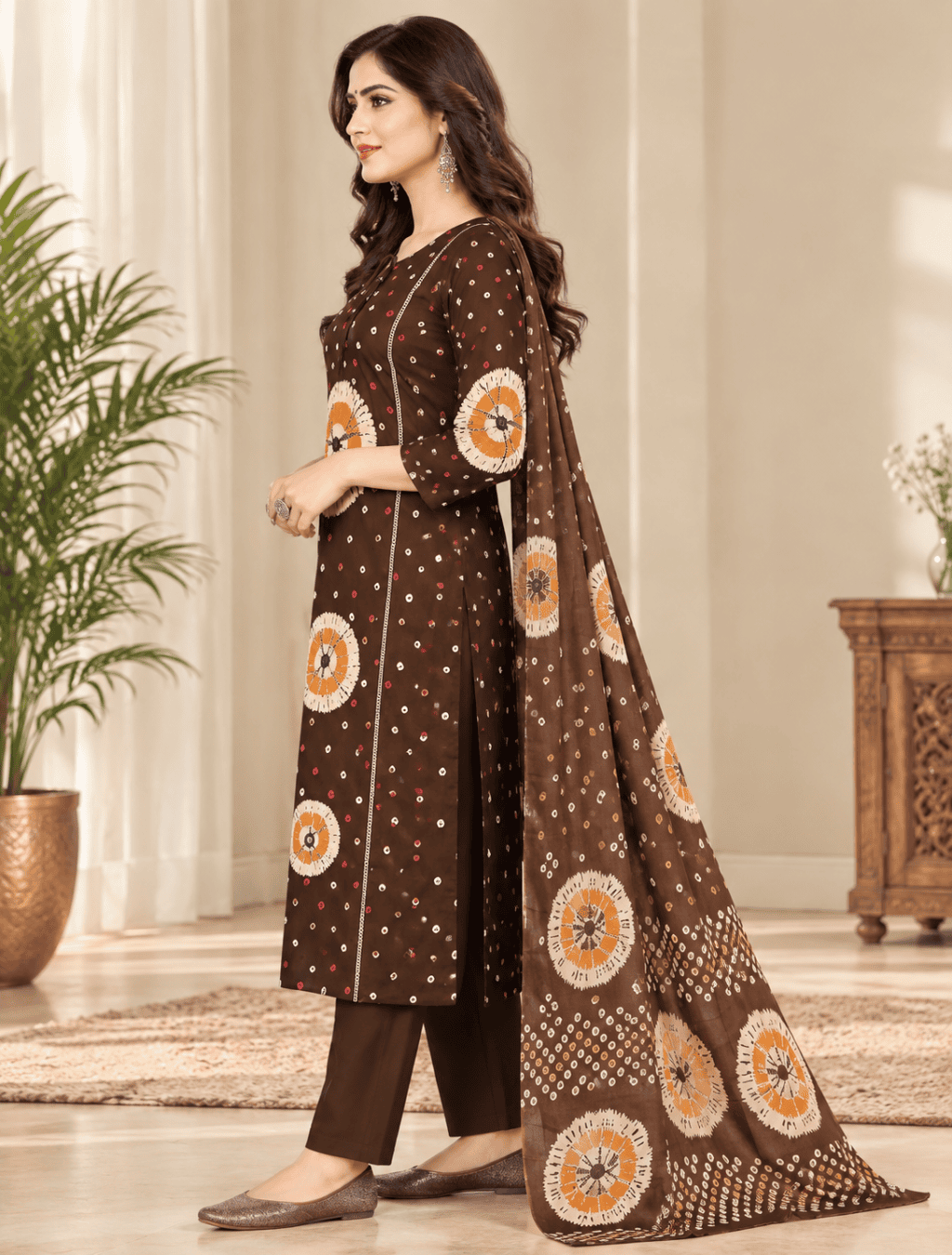 Chocolate Brown Bandhani Print 3 Piece Cotton Suit Set