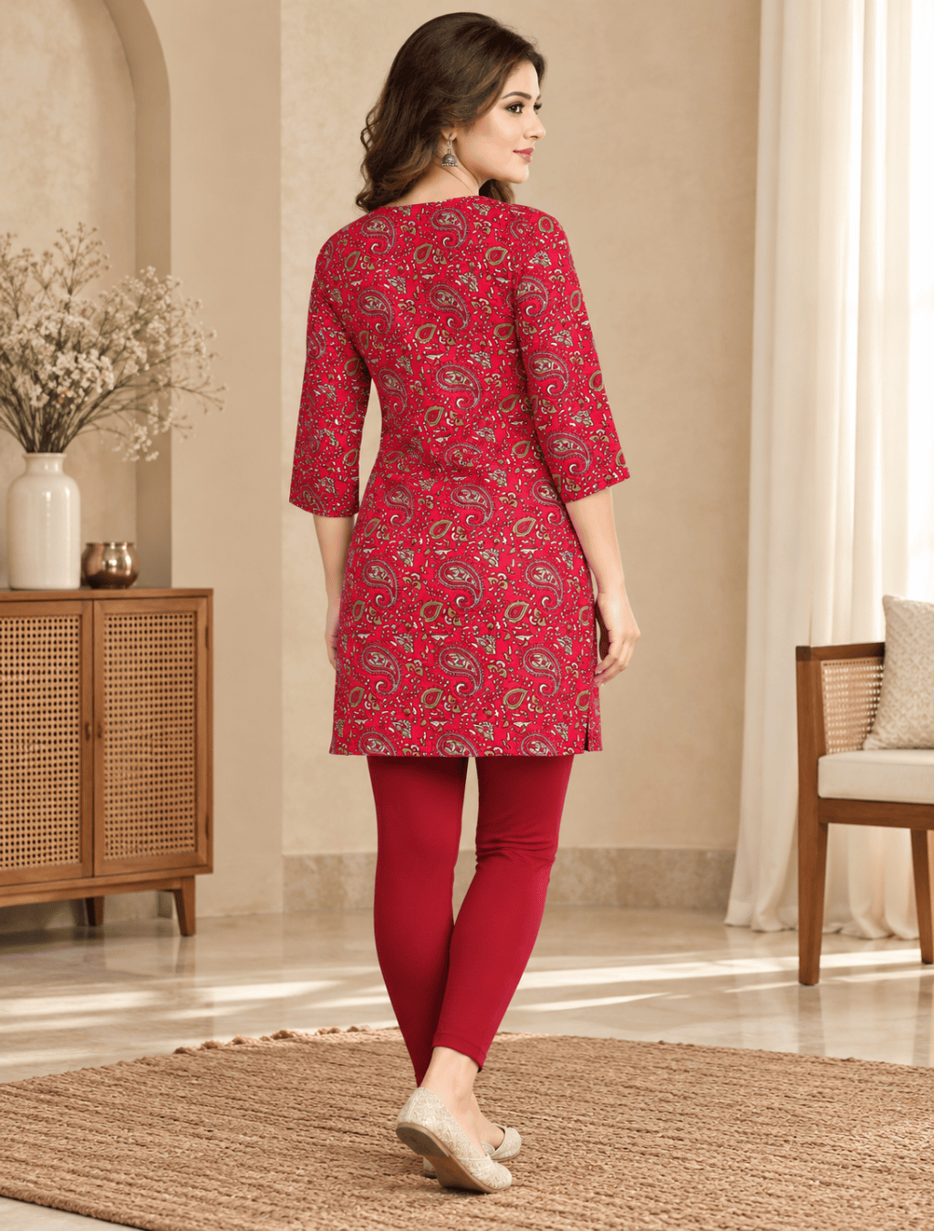 Crimson Paisley Print Pure Cotton Short Kurti