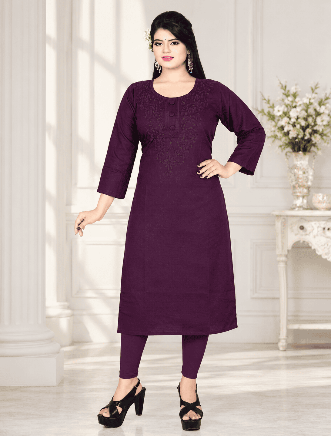 Violet Velvet Self-Work Kurta with Leggings – DNO-314
