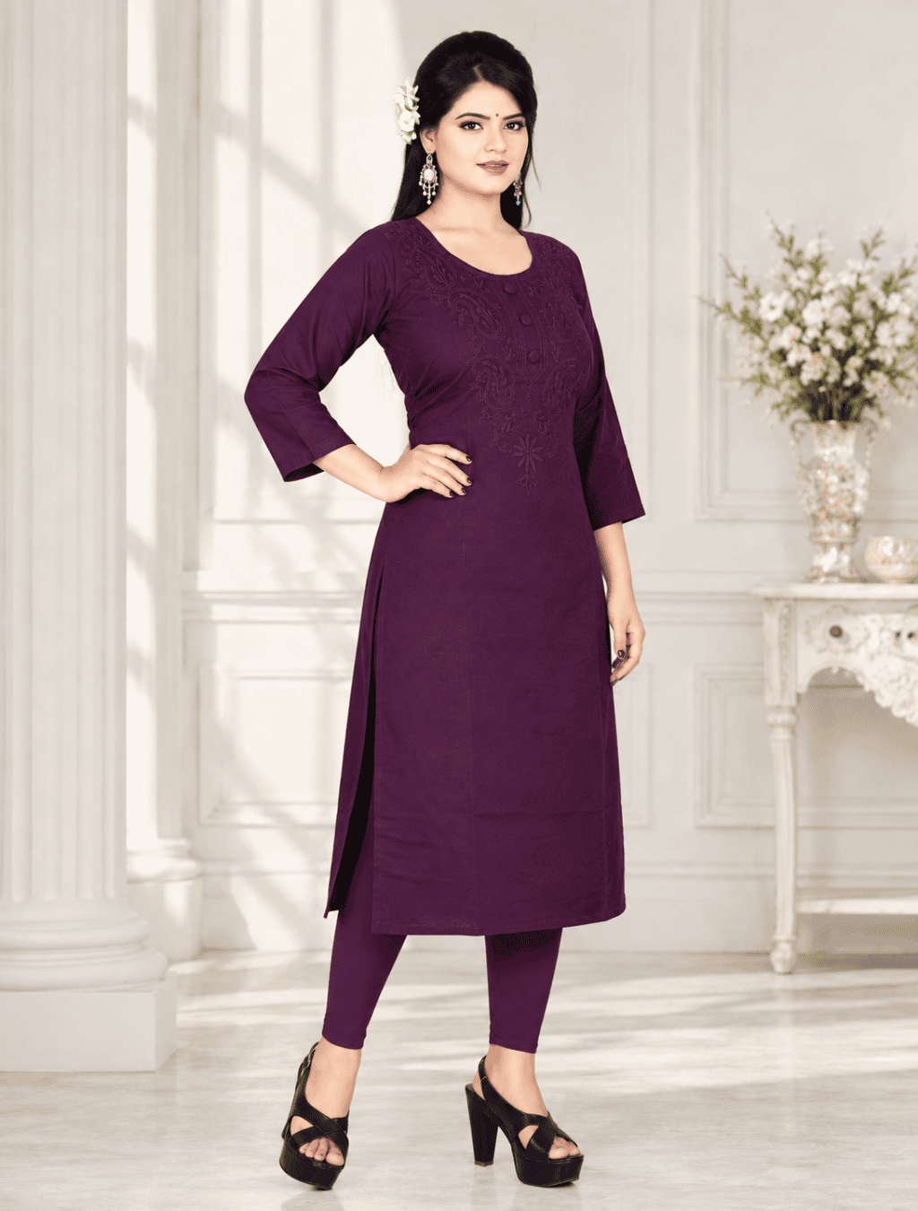 Violet Velvet Self-Work Kurta with Leggings – DNO-314