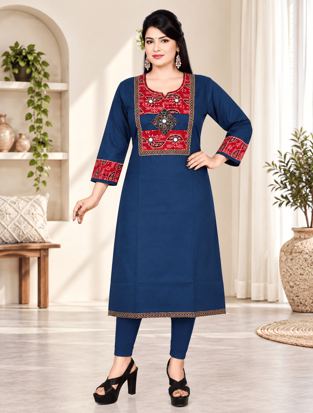 Printed Cotton Kurta – Blue & Maroon
