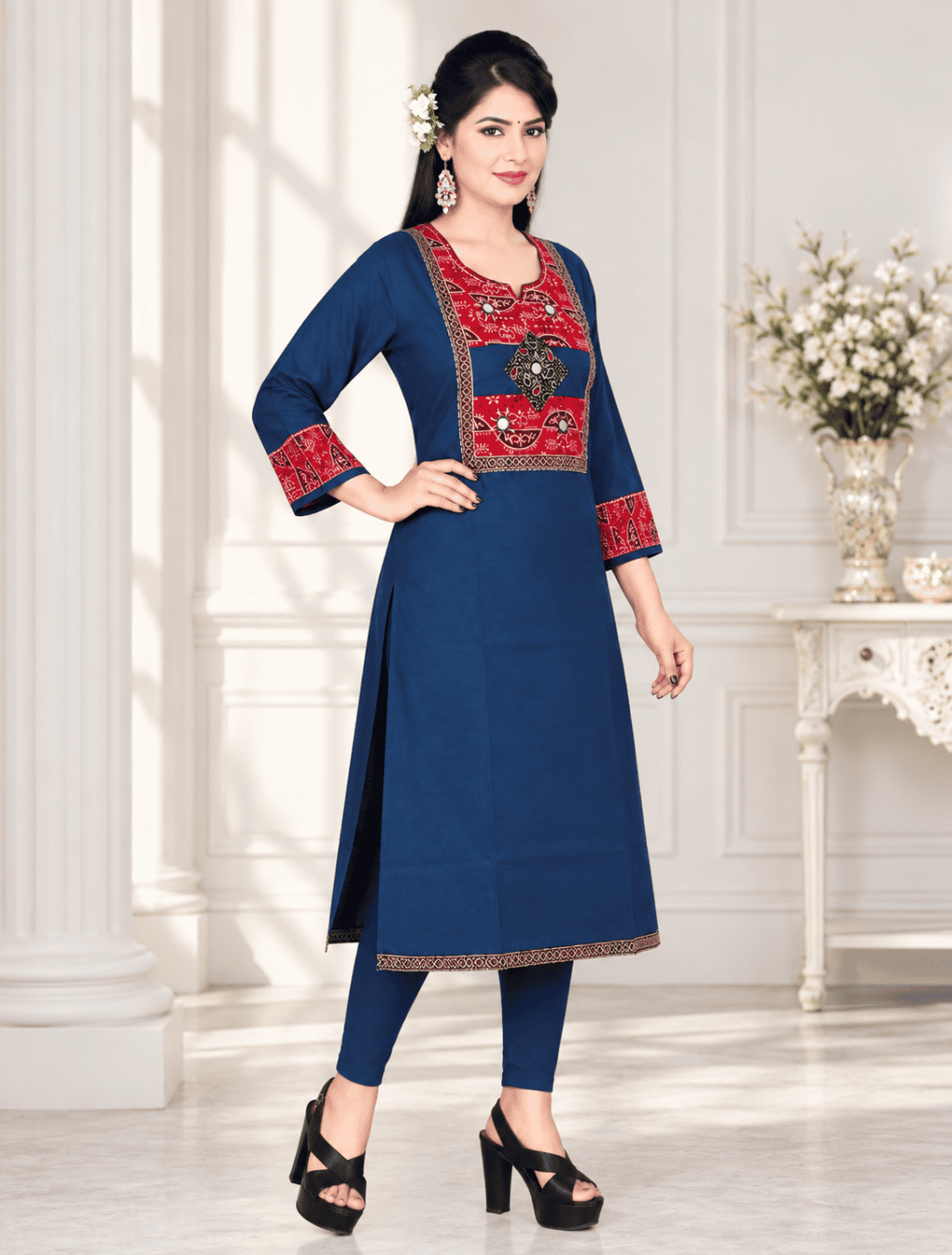 Printed Cotton Kurta – Blue & Maroon