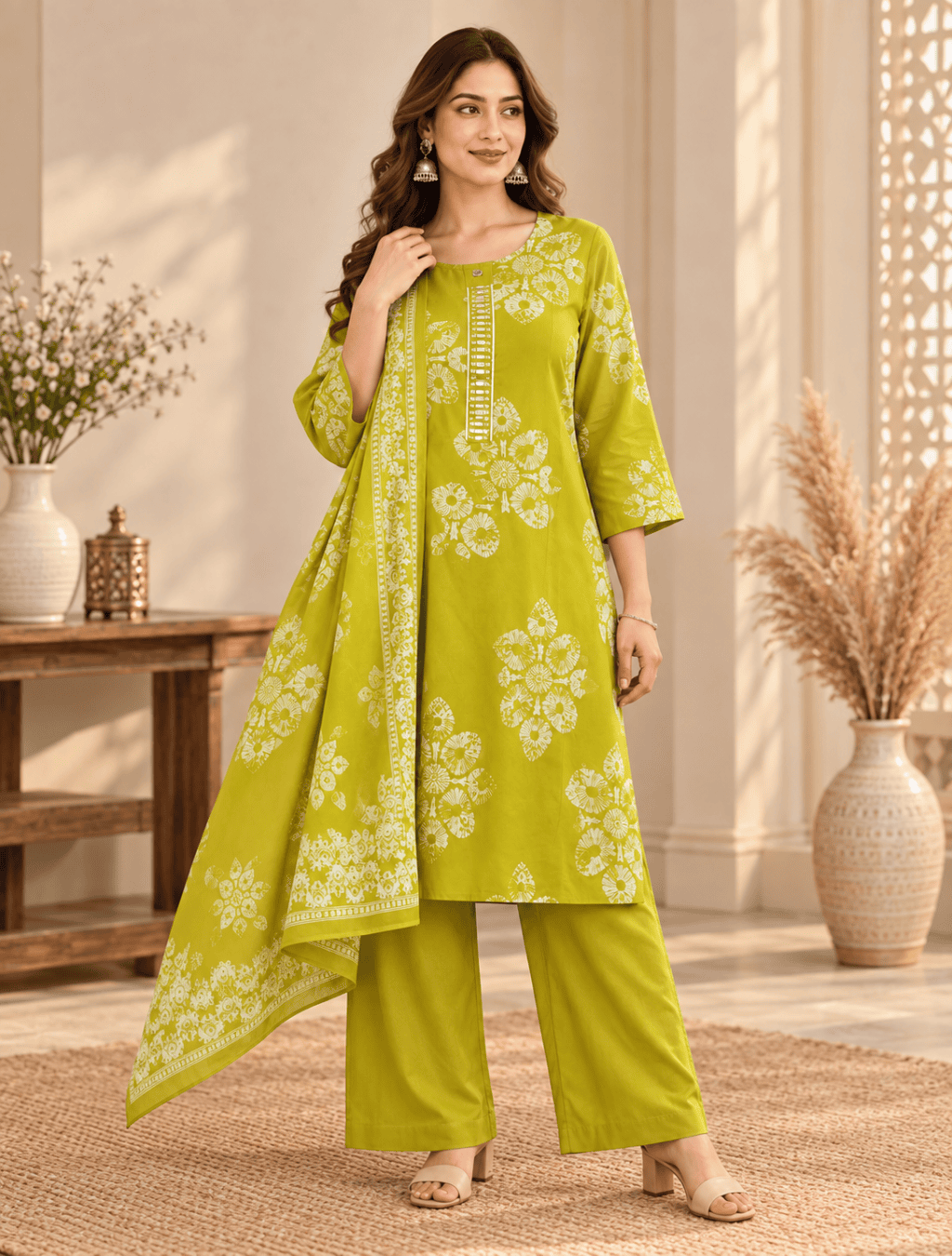 Lime Green Floral Printed 3-Piece Set