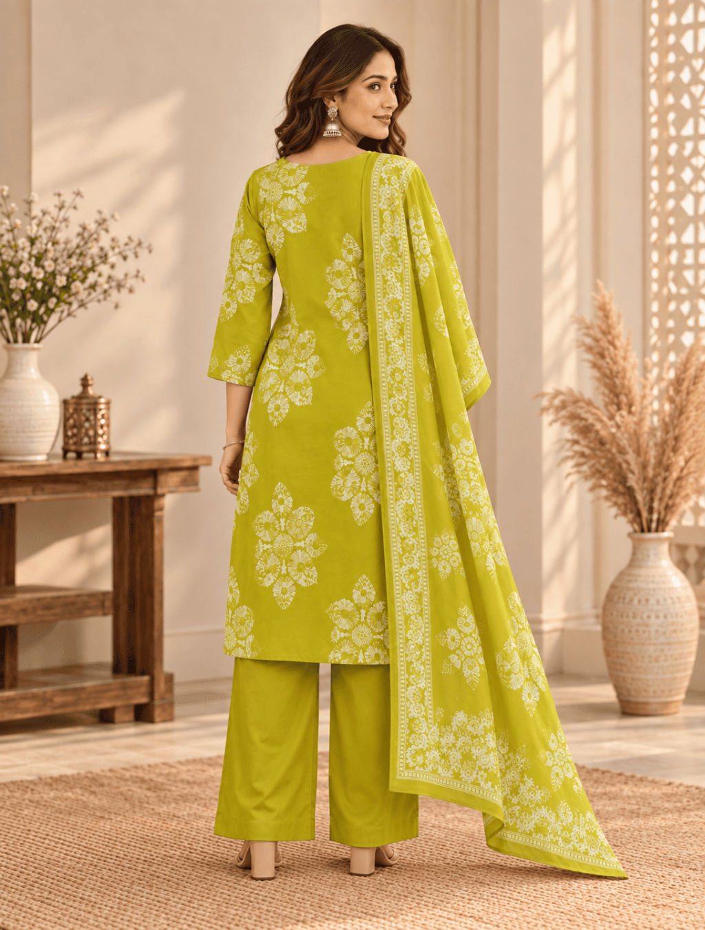 Lime Green Floral Printed 3-Piece Set