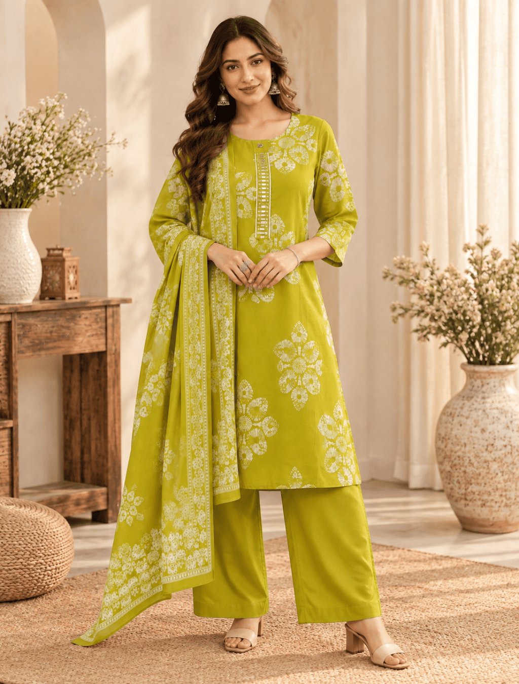 Lime Green Floral Printed 3-Piece Set