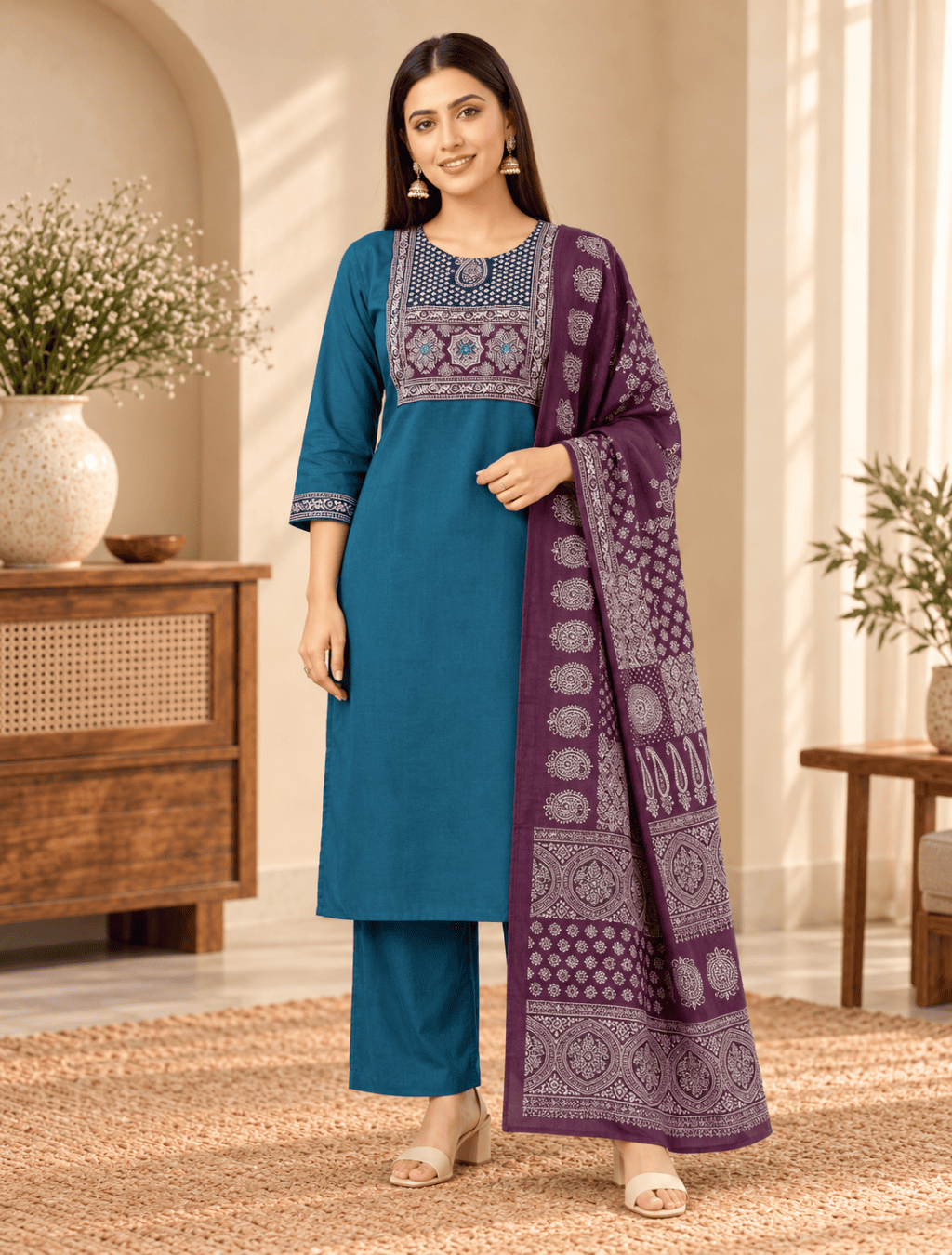 Dhabu Cotton Kanch Work Pant Top with Dupatta Set – D.238-C