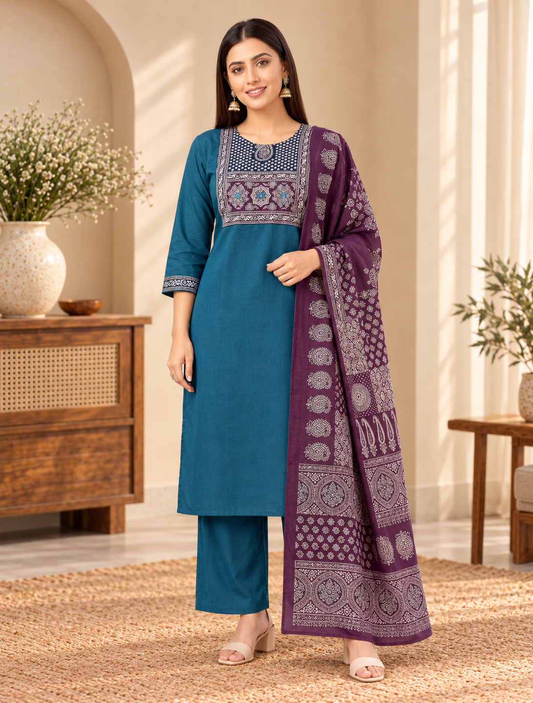 Dhabu Cotton Kanch Work Pant Top with Dupatta Set – D.238-C