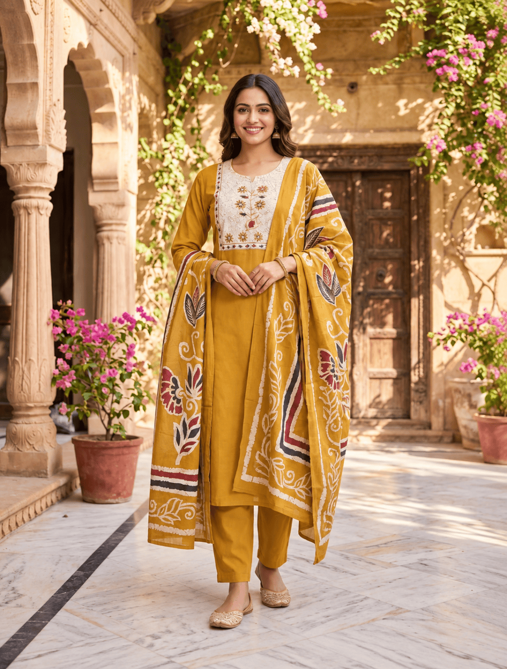 Dhabu Cotton 3-Piece Kurta Set with Dupatta