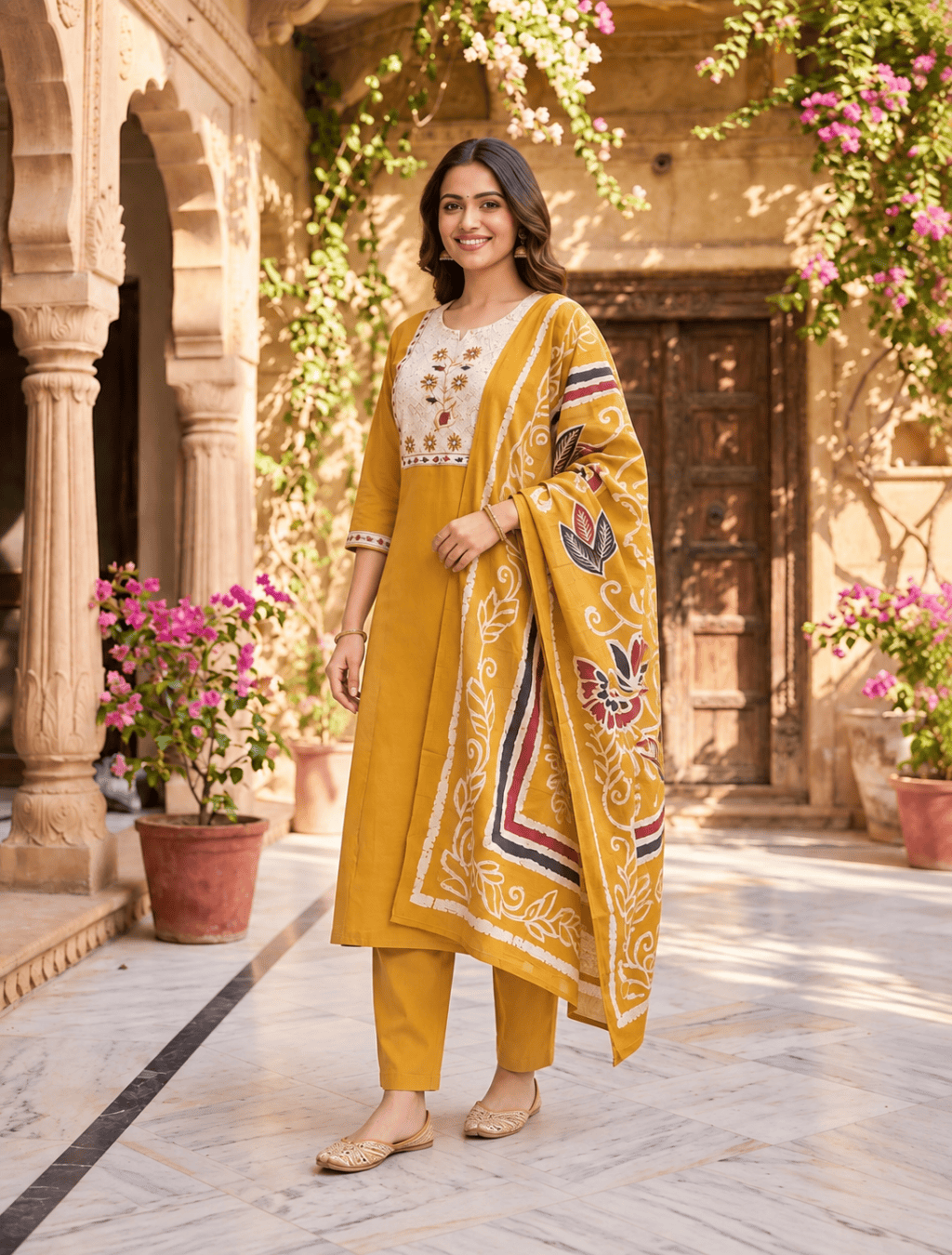 Dhabu Cotton 3-Piece Kurta Set with Dupatta