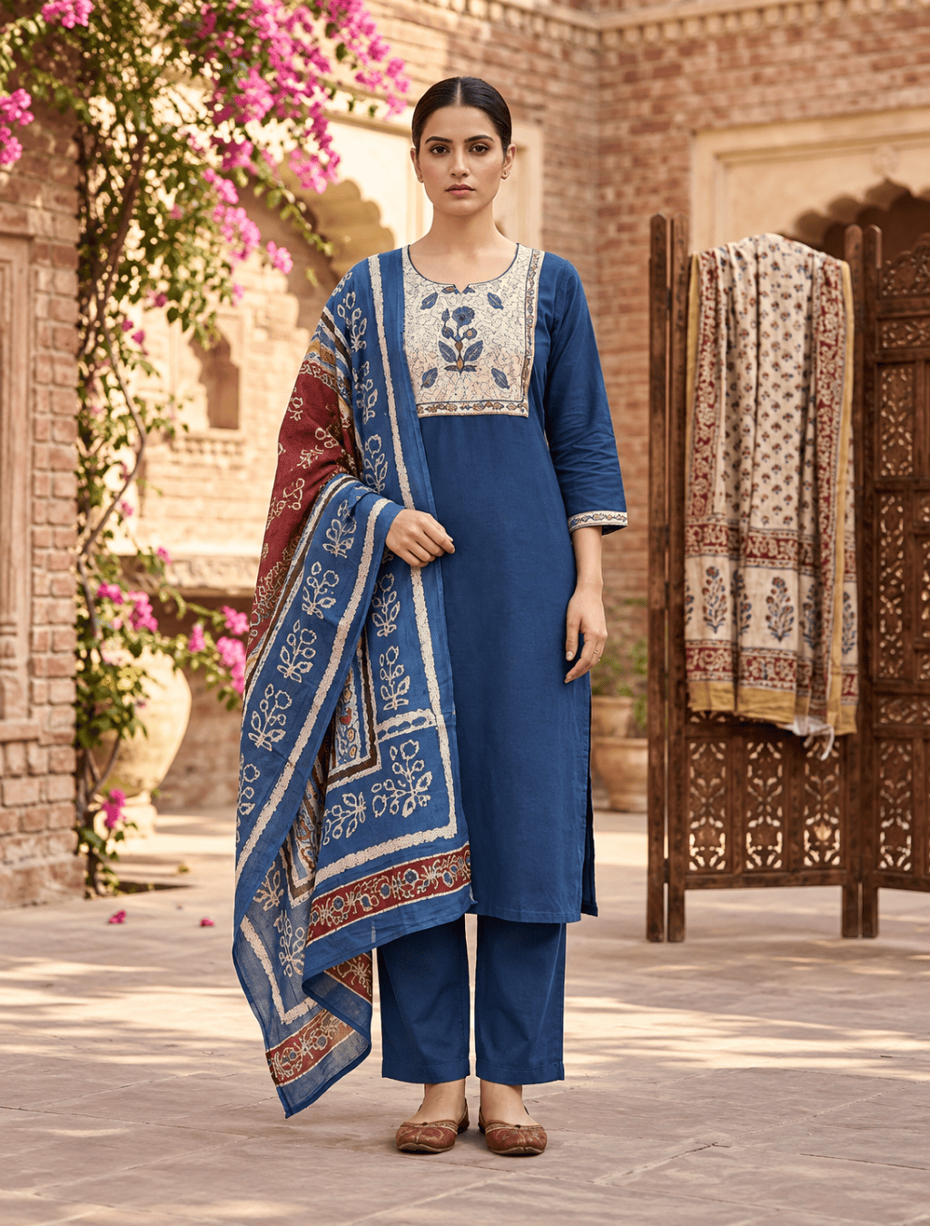 Dhabu Cotton 3-Piece Kurta Set with Dupatta – Blue