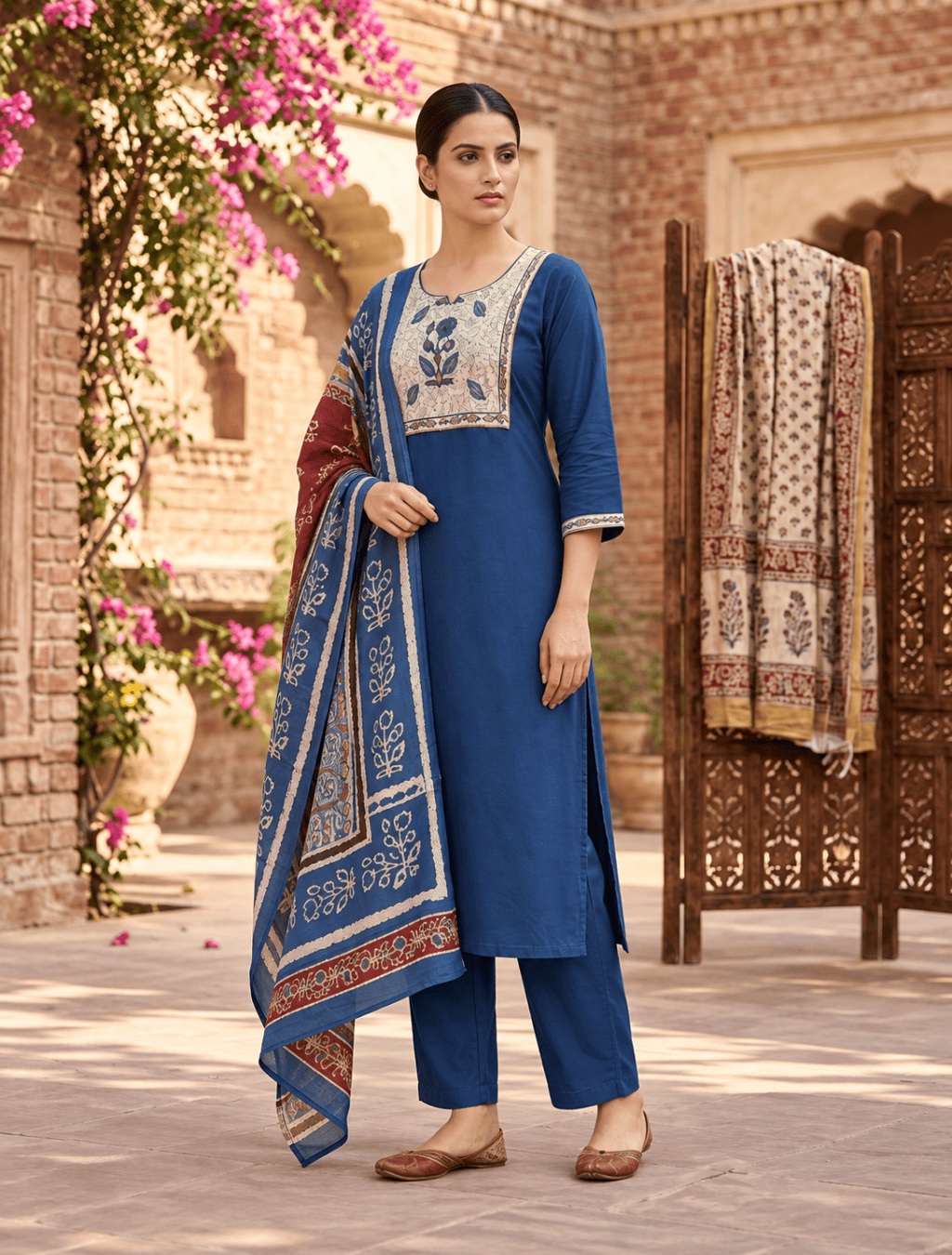 Dhabu Cotton 3-Piece Kurta Set with Dupatta – Blue