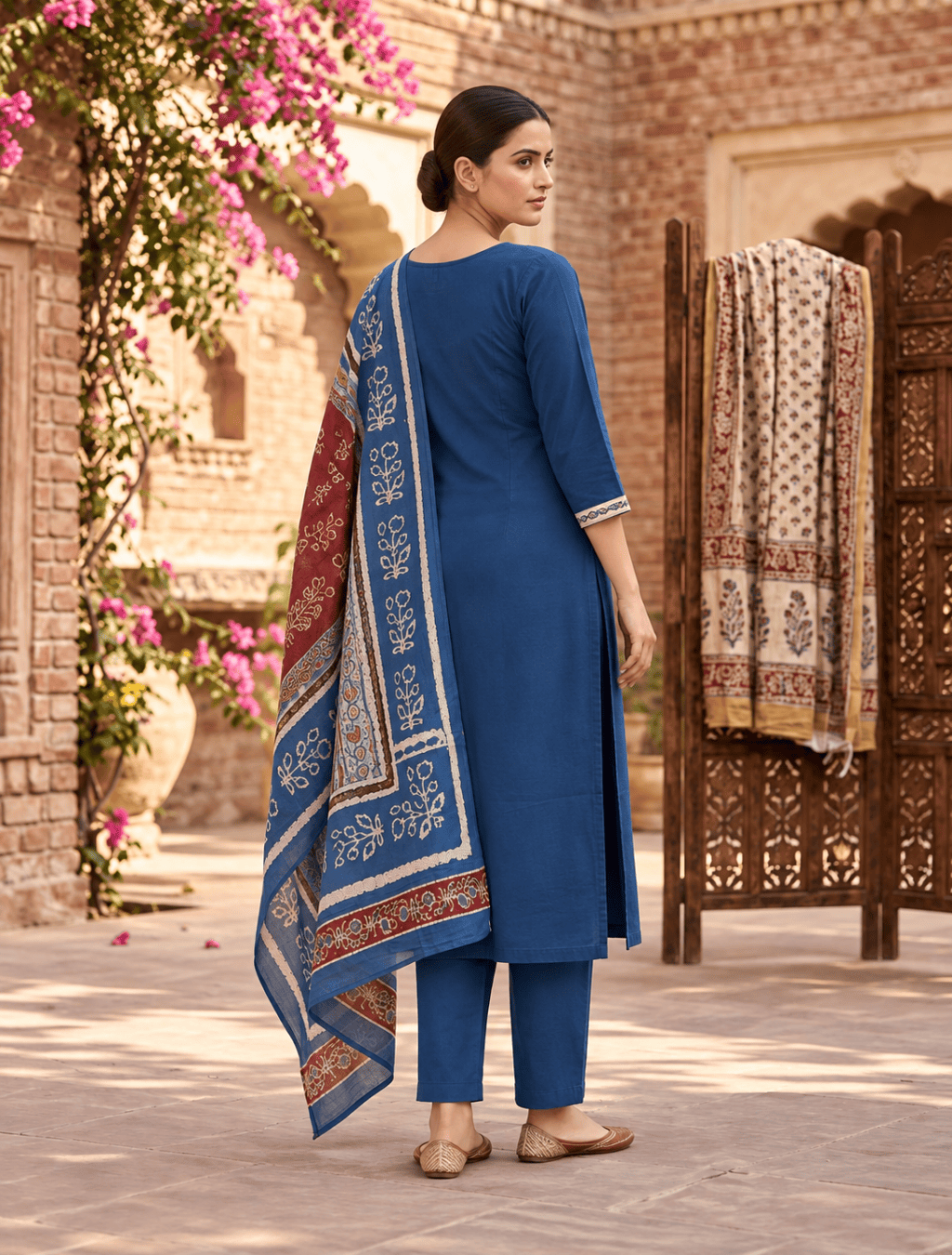 Dhabu Cotton 3-Piece Kurta Set with Dupatta – Blue