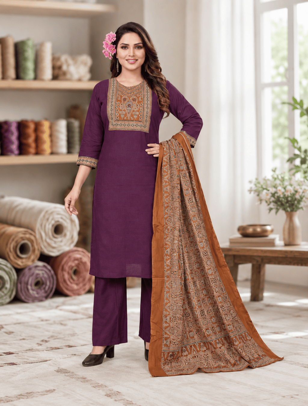 Dhabu Cotton Kanch Work 3-Piece Set with Dupatta – D.239-C