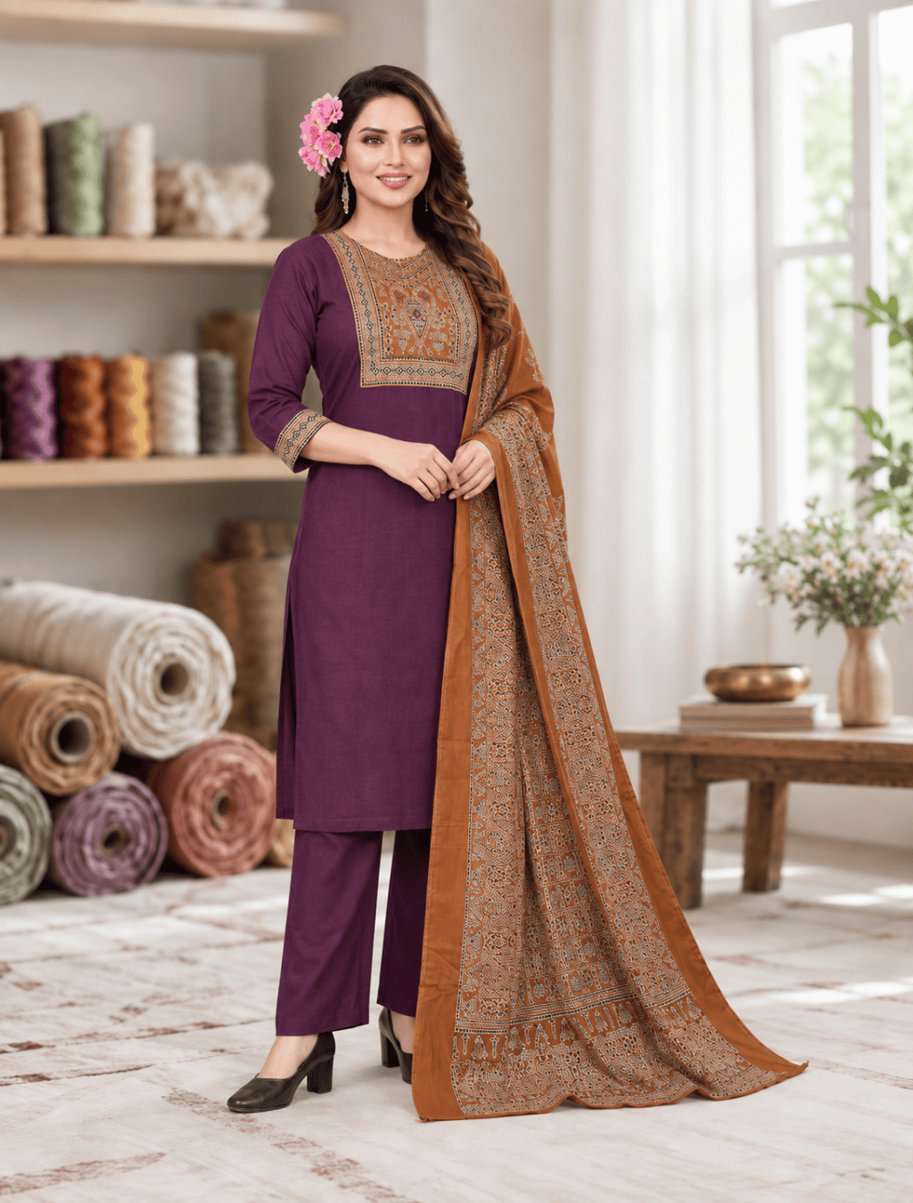 Dhabu Cotton Kanch Work 3-Piece Set with Dupatta – D.239-C