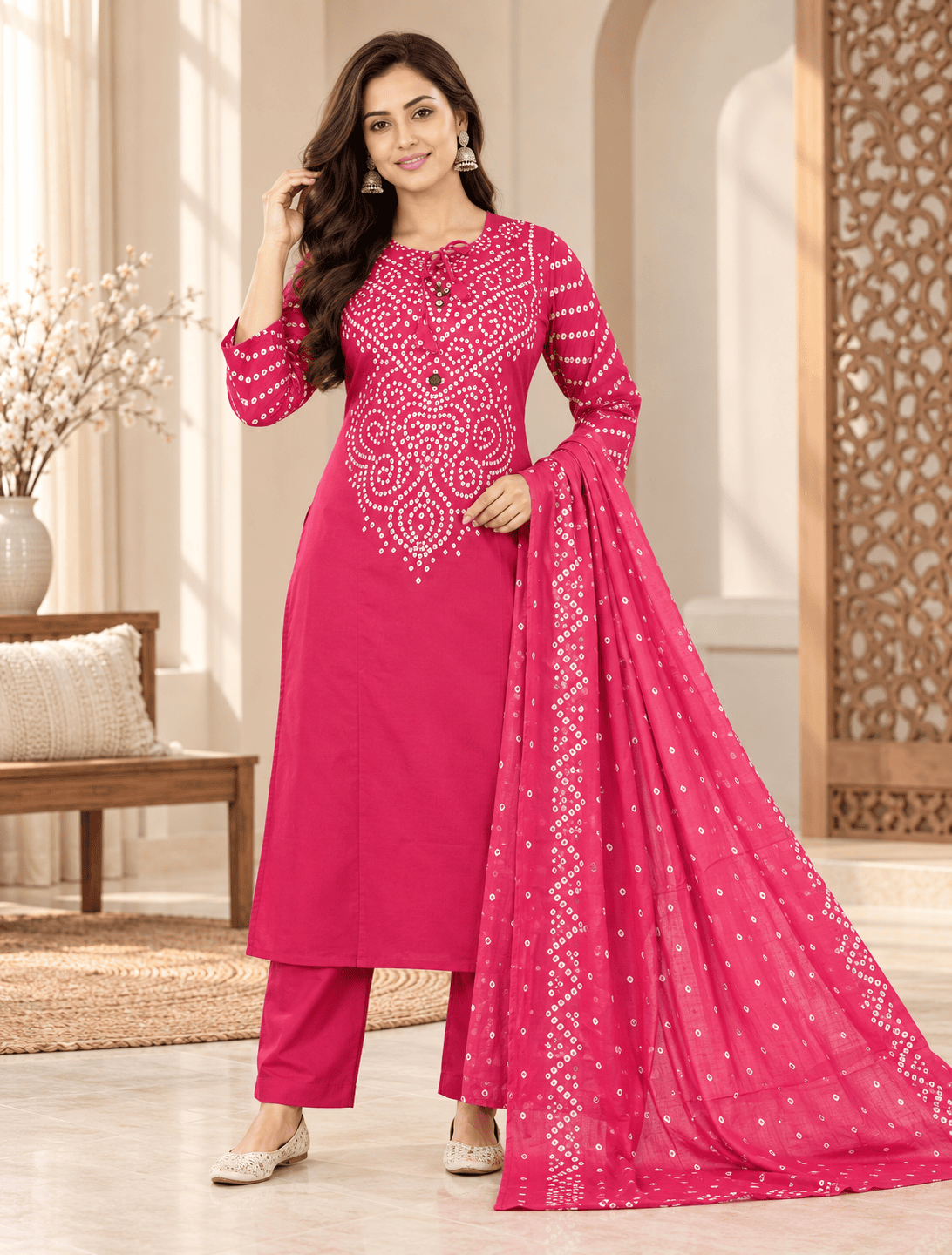 Vibrant Pink Bandhani Print 3 Piece Kurti Set