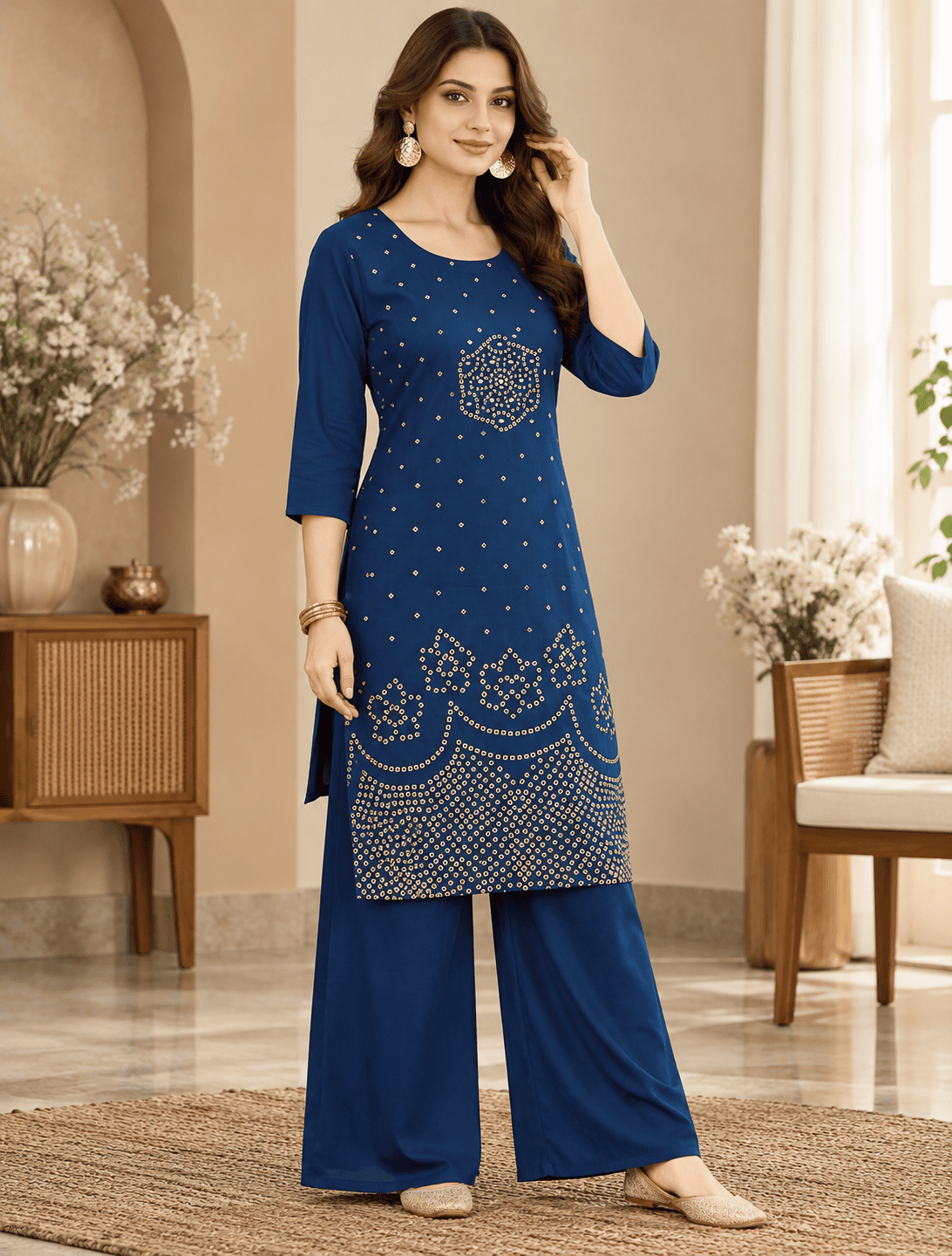 Indigo Blue Gold Print Rayon 2 Piece Kurti Set