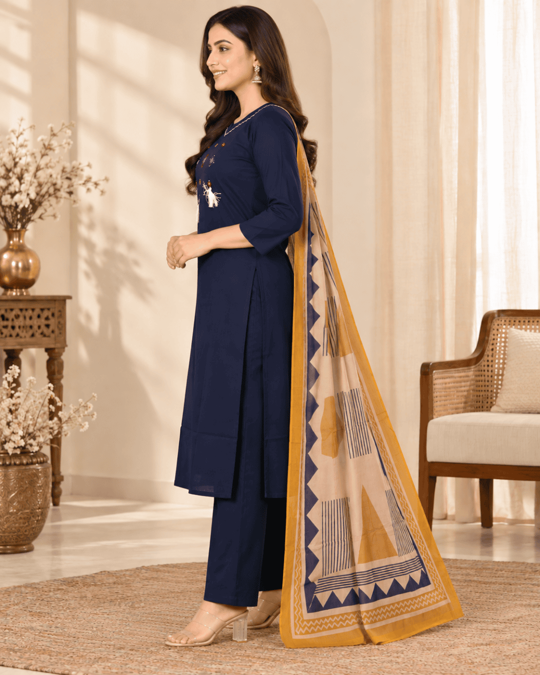 Navy Blue Embroidered 3 Piece Kurti Set