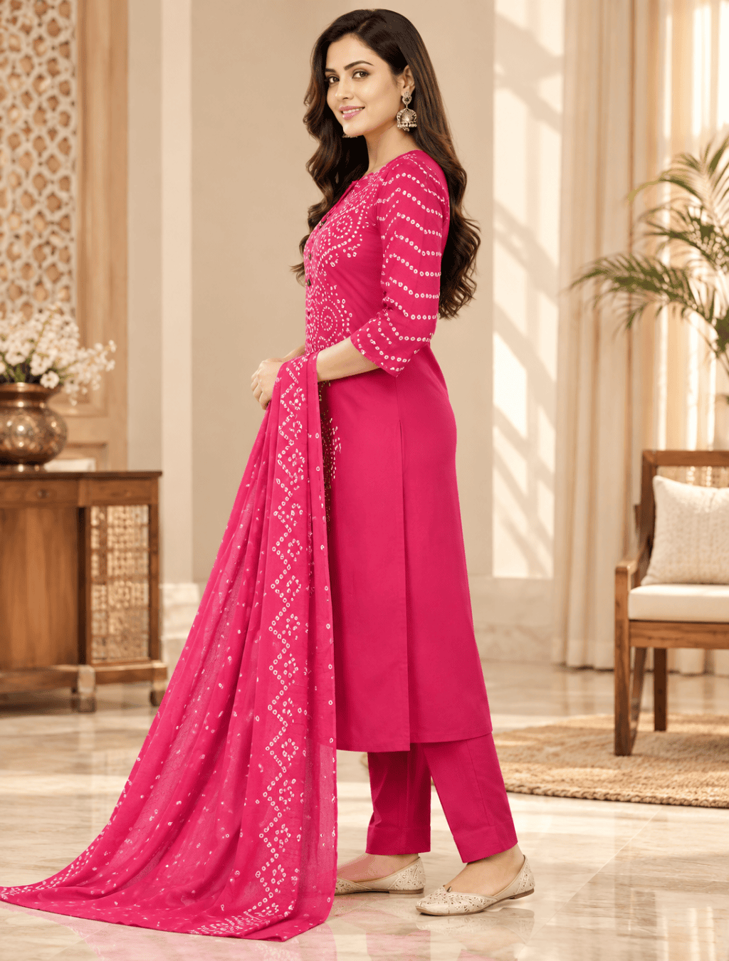 Vibrant Pink Bandhani Print 3 Piece Kurti Set
