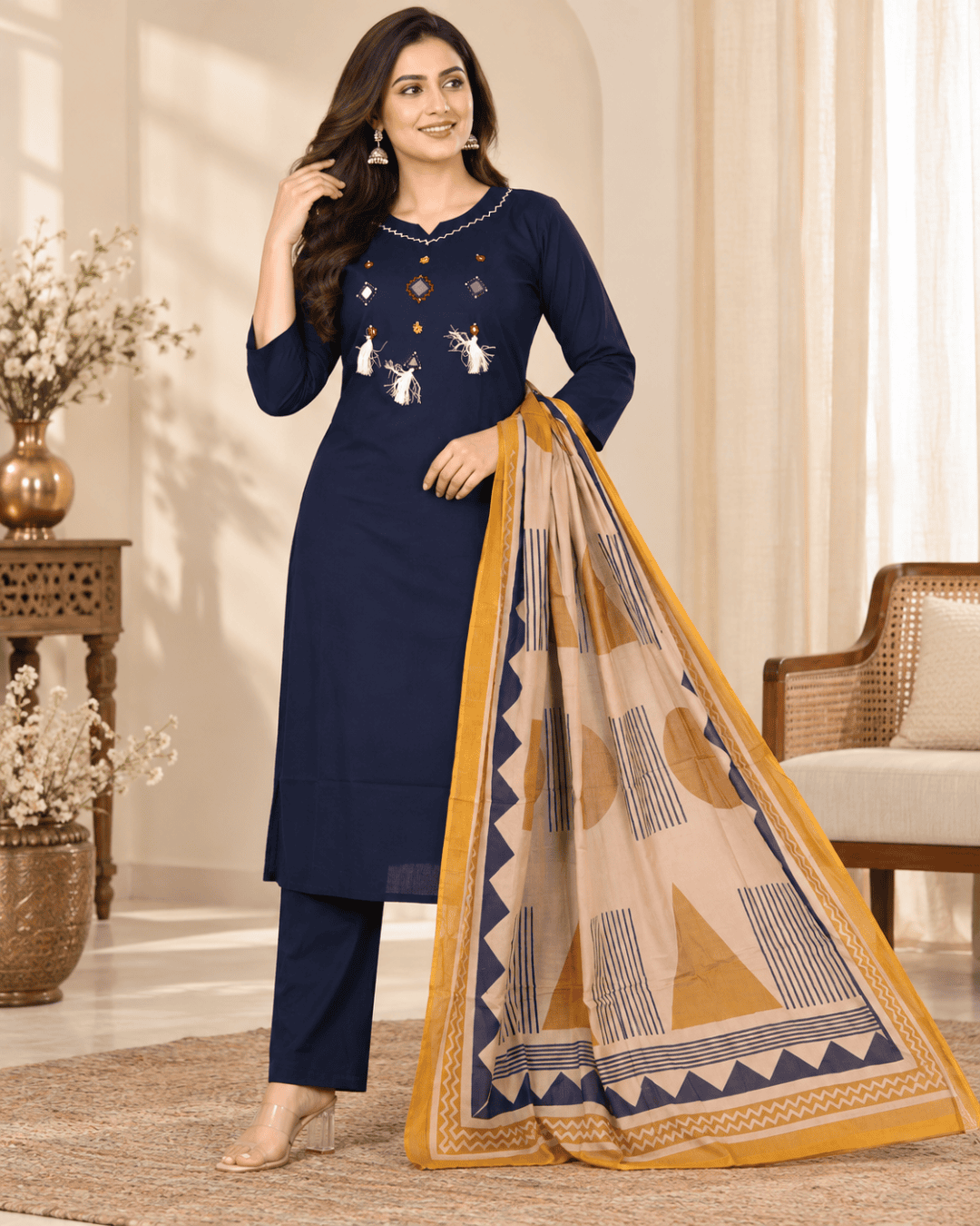Navy Blue Embroidered 3 Piece Kurti Set