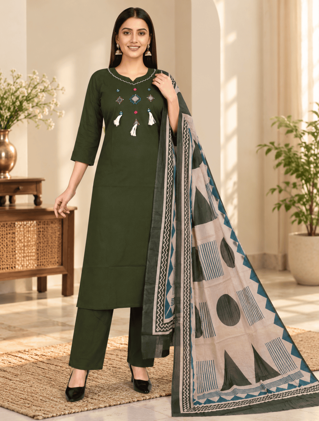 Olive Green Embroidered Cotton 3 Piece Suit Set with Printed Dupatta