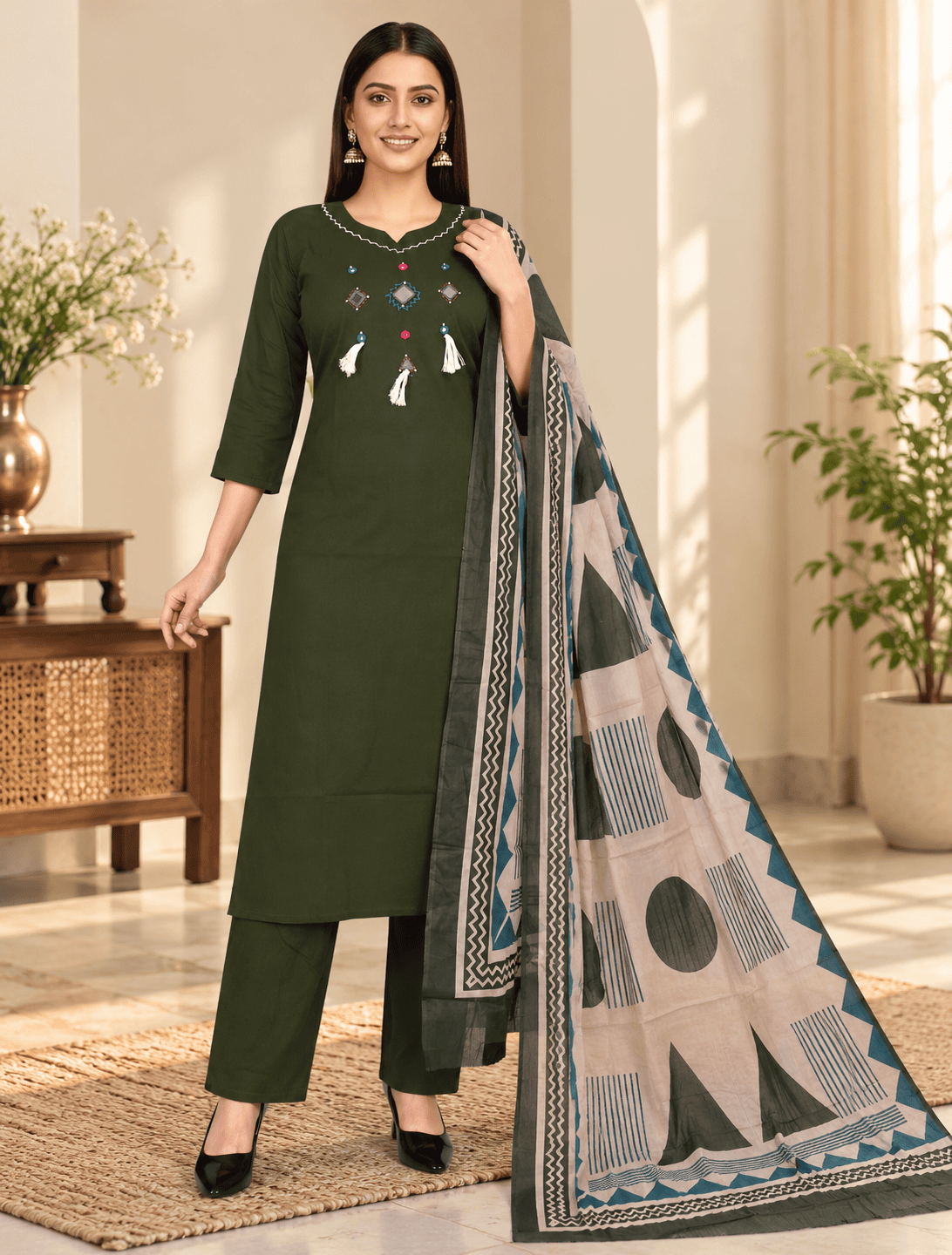 Olive Green Embroidered Cotton 3 Piece Suit Set with Printed Dupatta