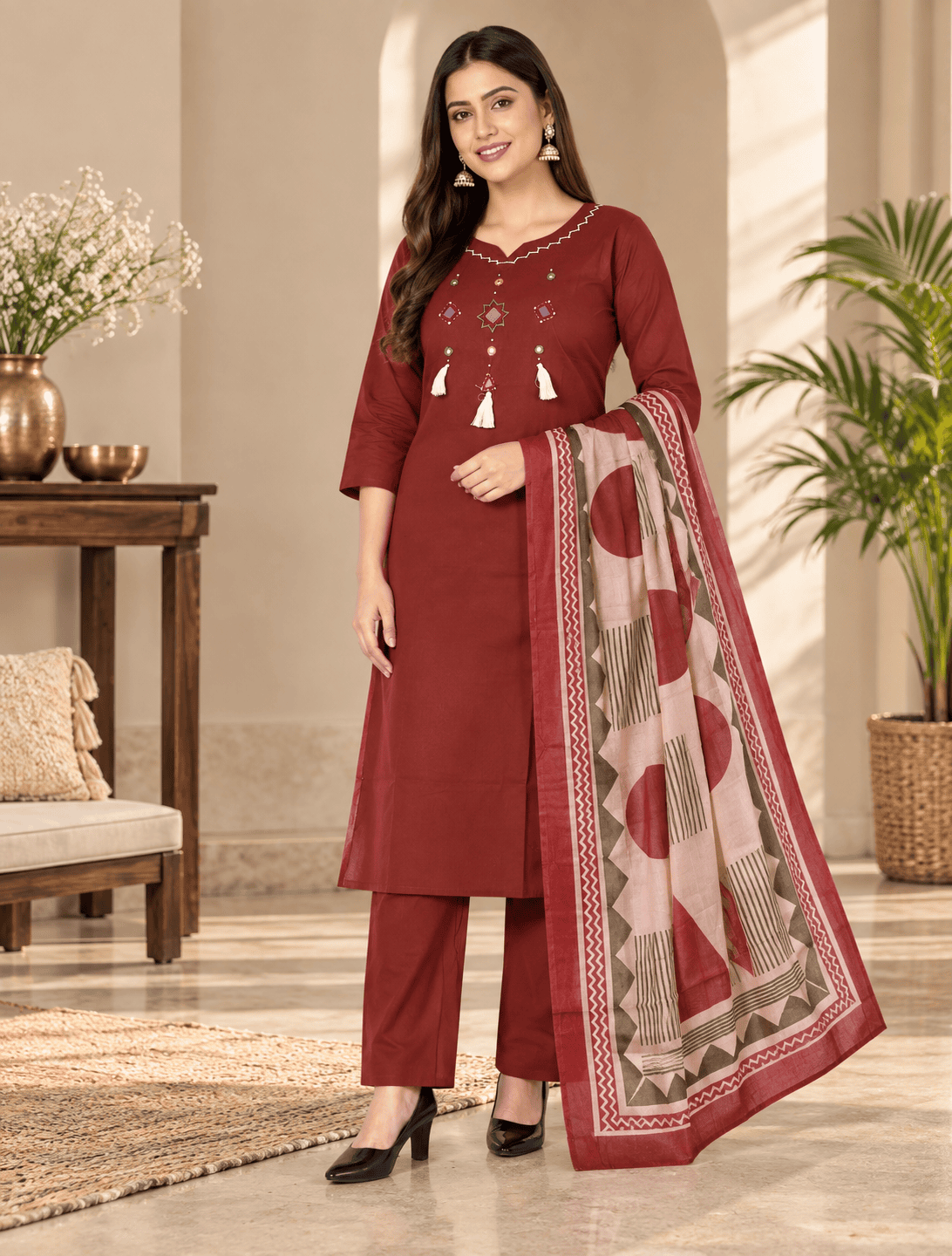 Maroon Embroidered 3 Piece Cotton Kurti Set