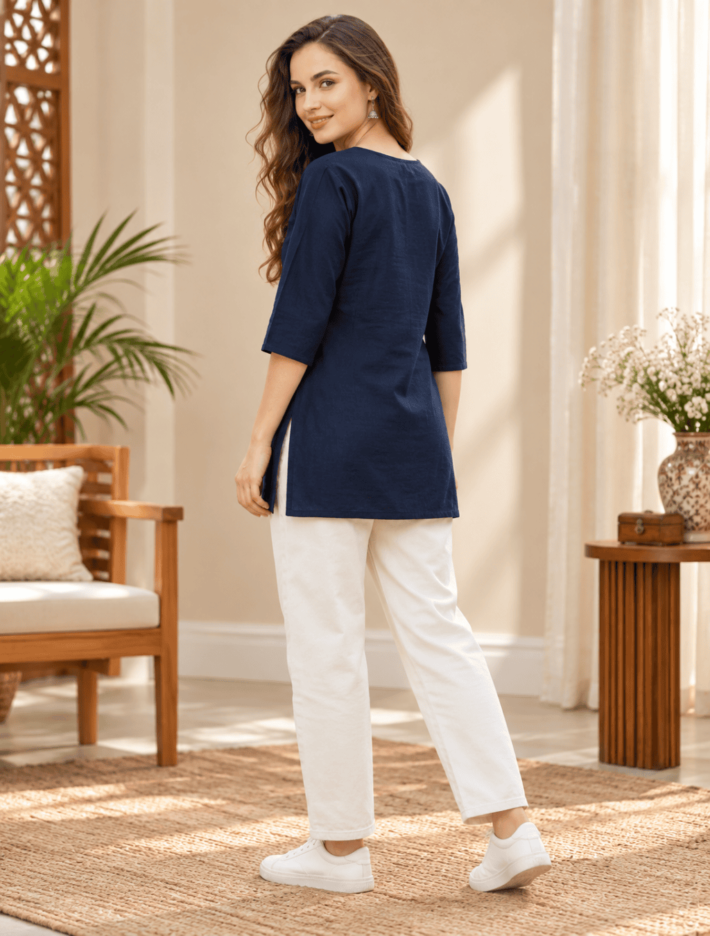 Navy Blue Elephant Embroidered Short Kurti