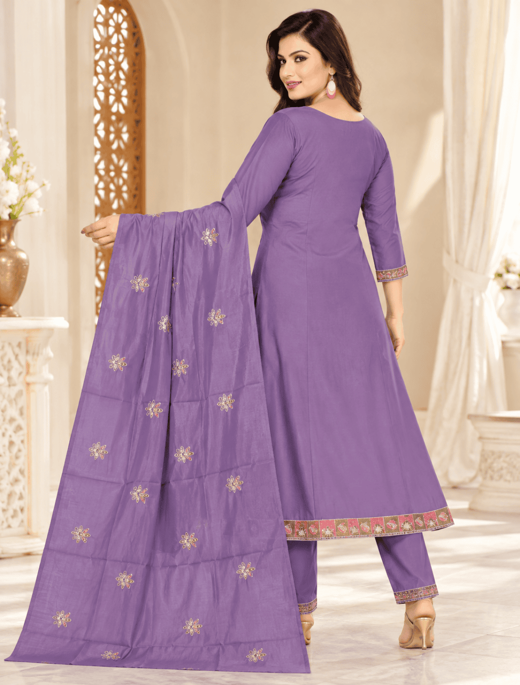 Lavender Embroidered 3 Piece Cotton Suit Set