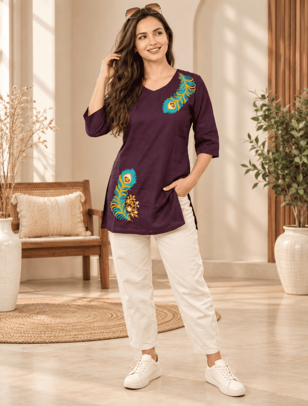 Deep Plum Peacock Embroidered V-Neck Kurti
