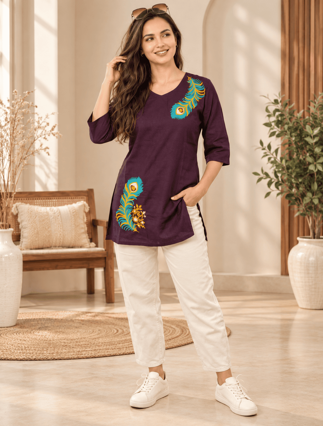 Deep Plum Peacock Embroidered V-Neck Kurti