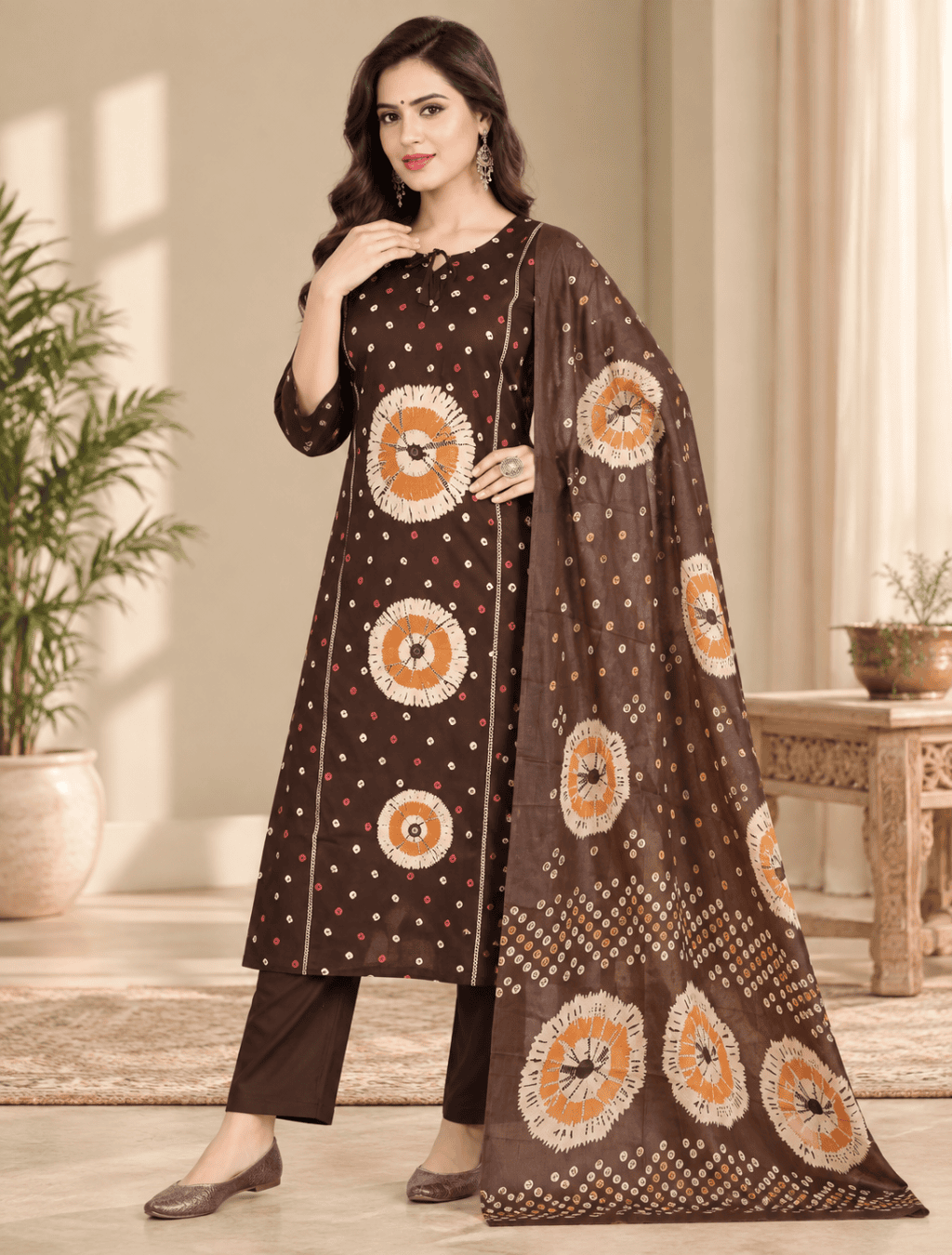 Chocolate Brown Bandhani Print 3 Piece Cotton Suit Set
