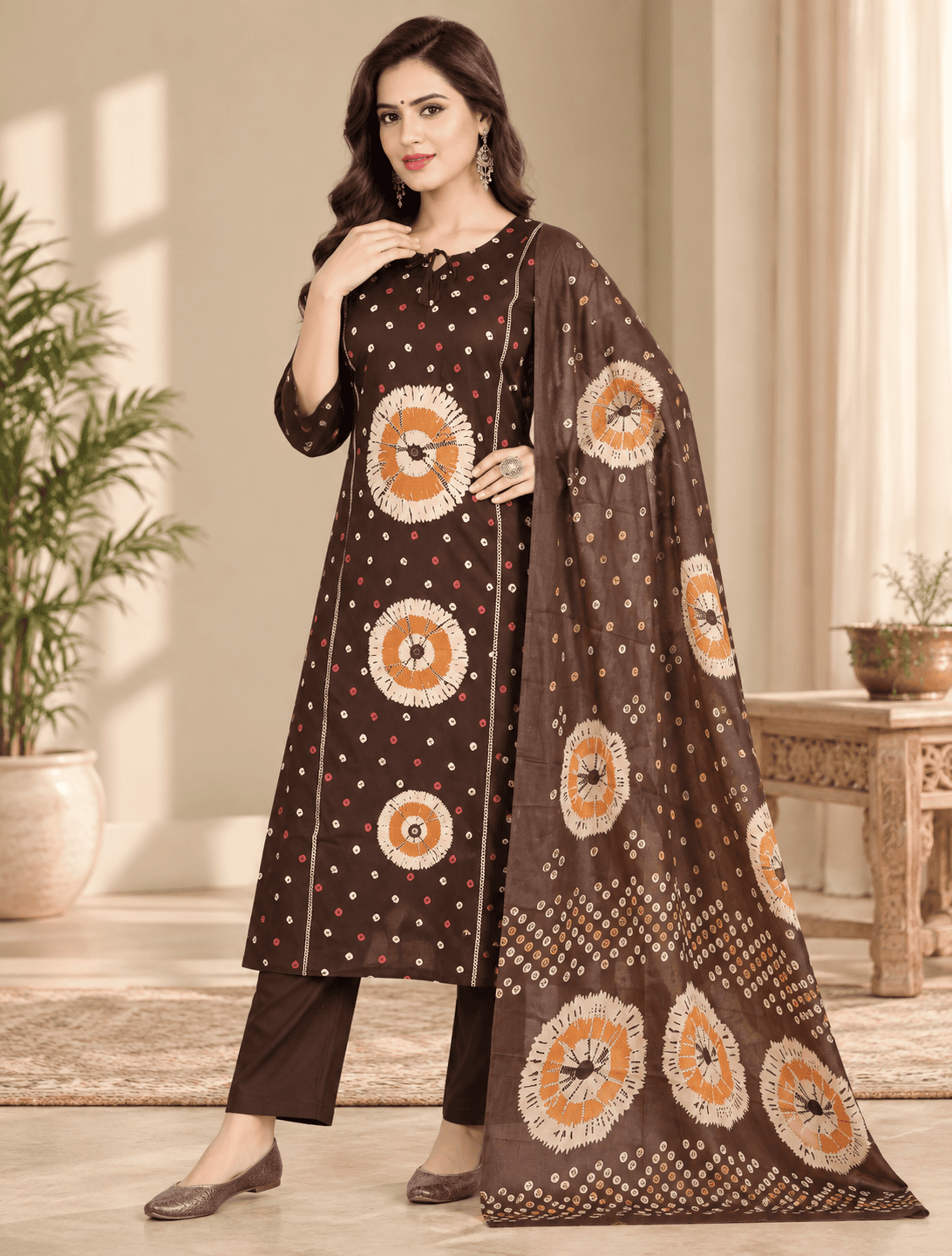 Chocolate Brown Bandhani Print 3 Piece Cotton Suit Set