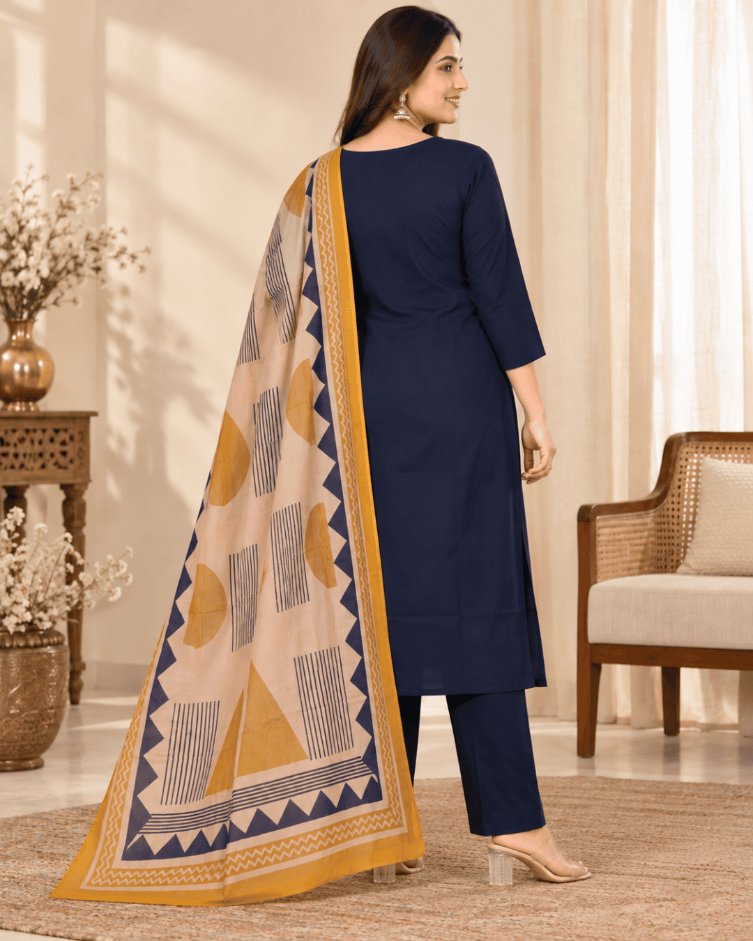 Navy Blue Embroidered 3 Piece Kurti Set