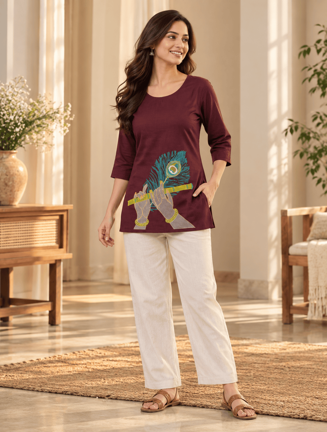 Burgundy Krishna Flute Embroidered Pure Cotton Short Top
