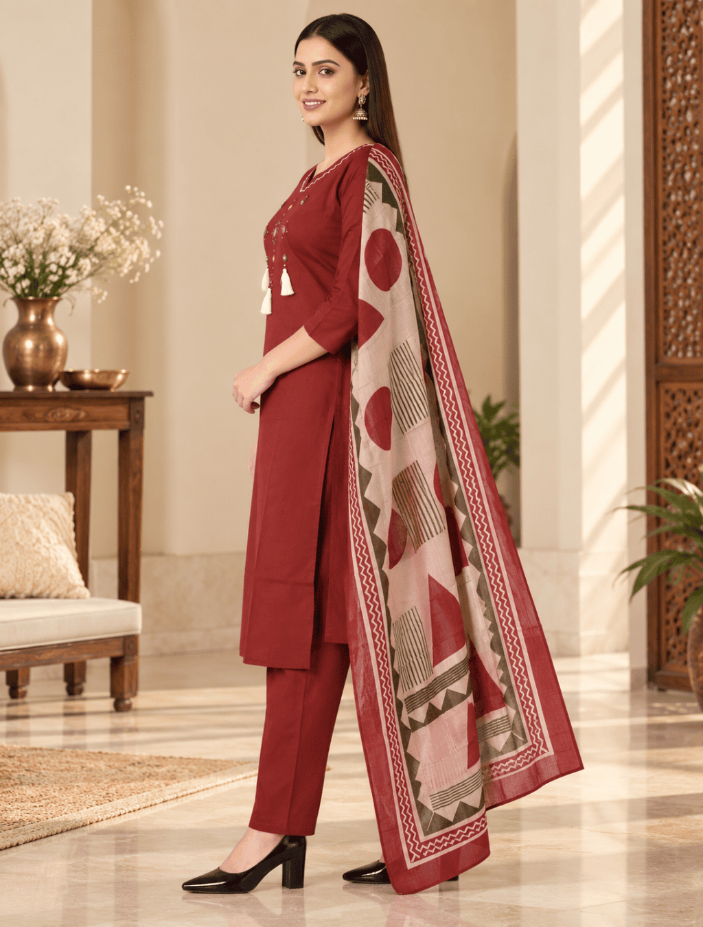 Maroon Embroidered 3 Piece Cotton Kurti Set