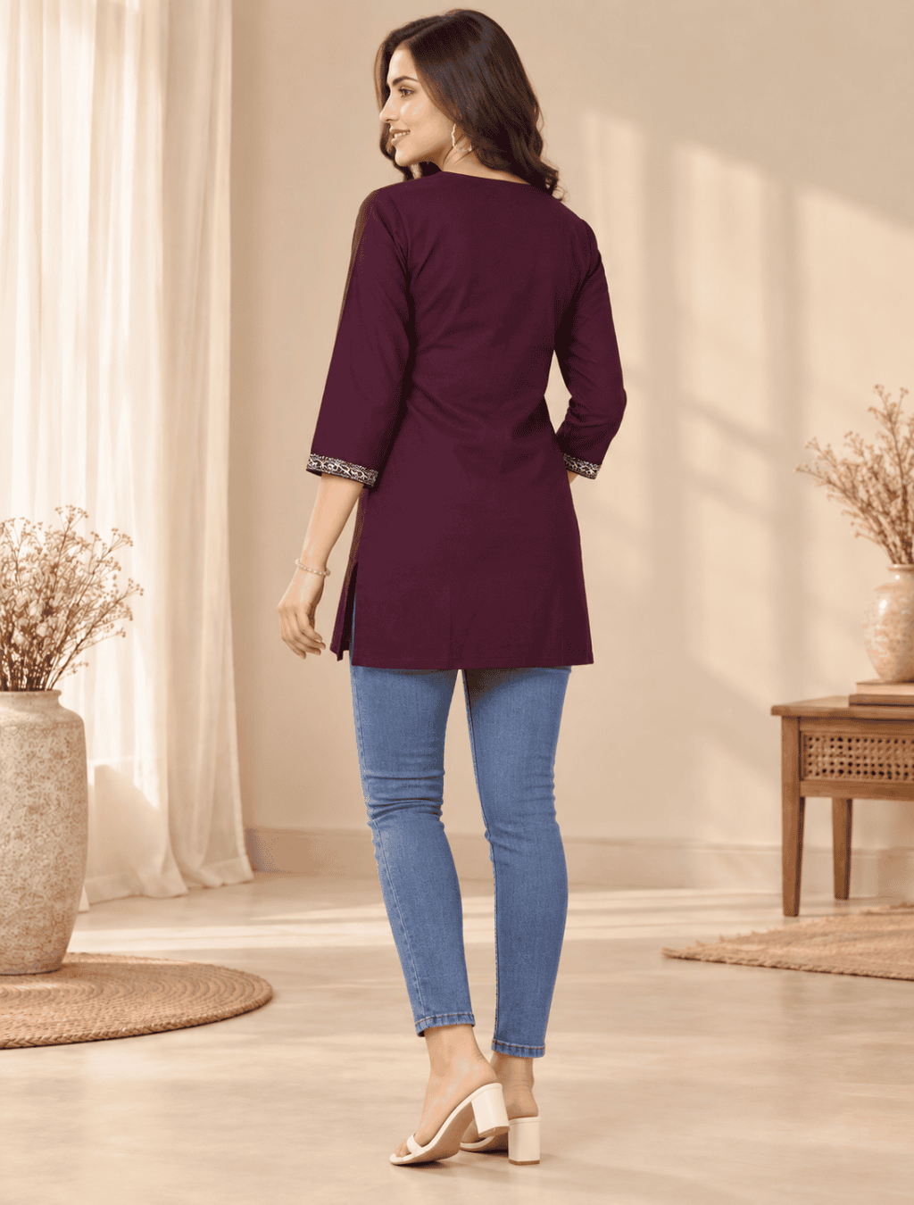 Plum Purple Embroidered V-Neck Cotton Kurti